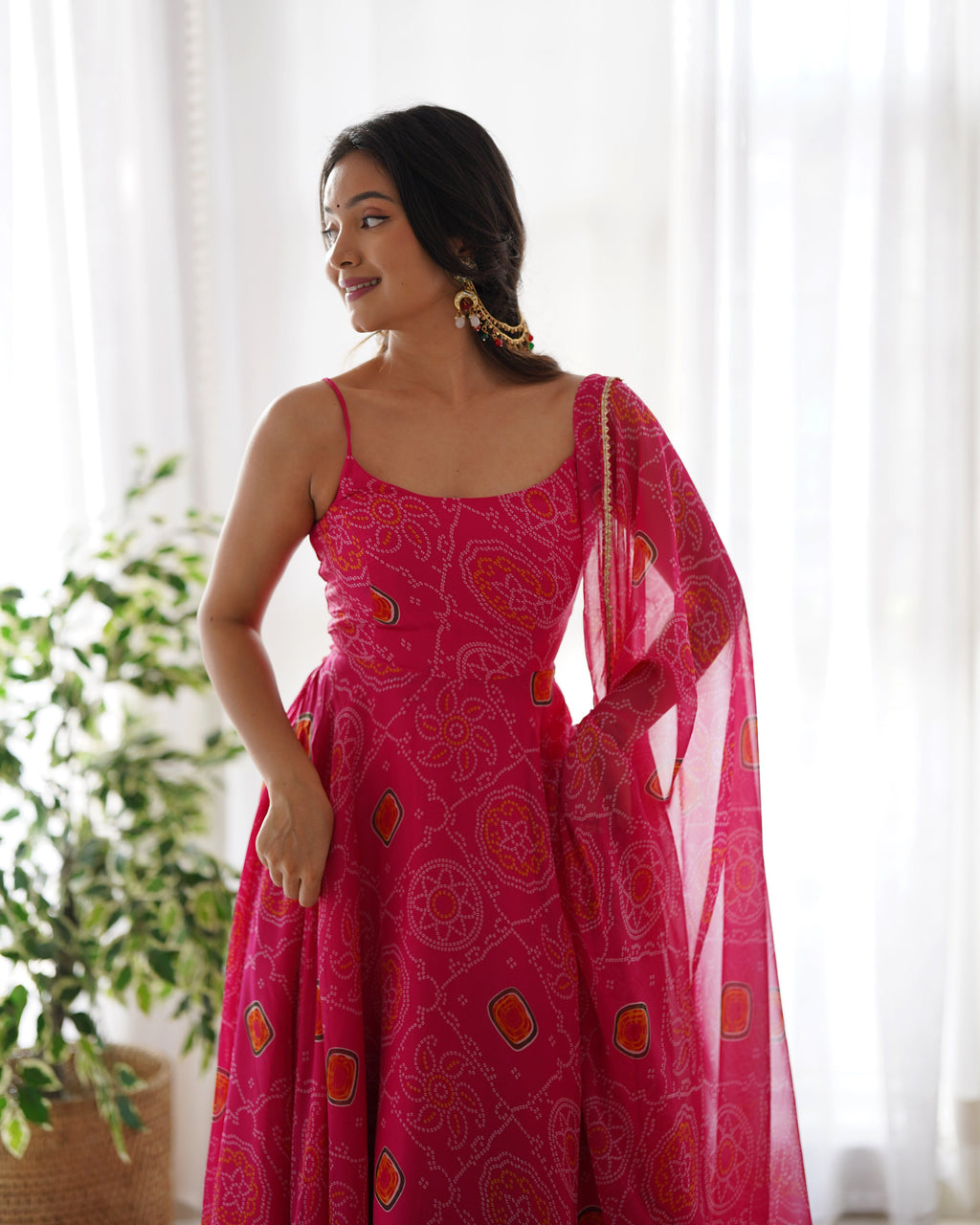 Digitally Chiffon Lehenga Suit Set with Bandhej Print and Huge Flair for Festive Wear