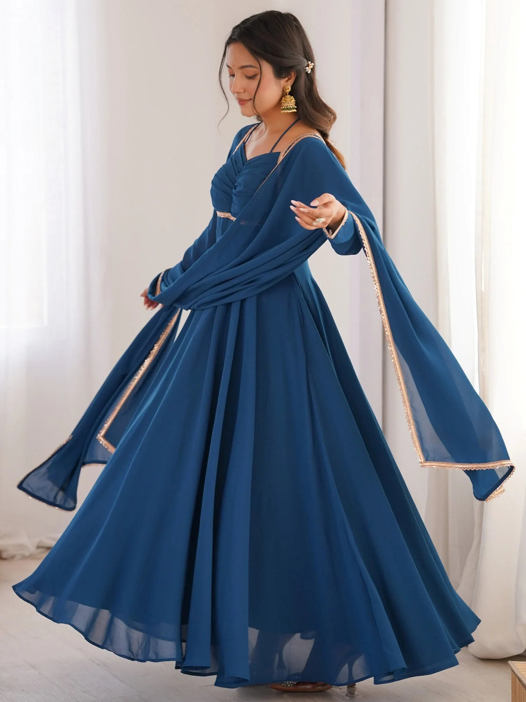 Blue Dazzling Georgette Festival Wear Gown With Dupatta