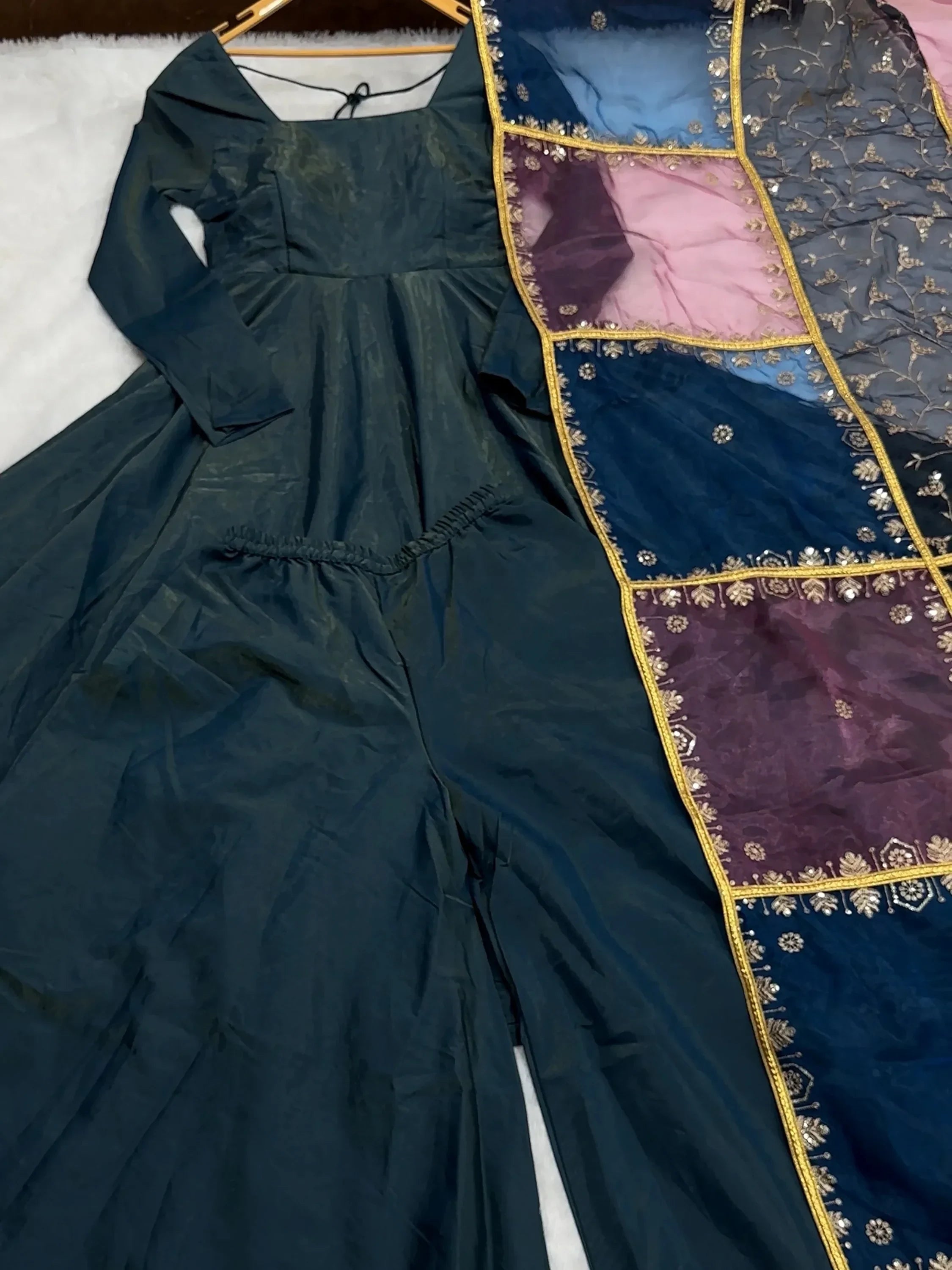 Teal Superb Silk Festive Wear Palazzo Suit With Sequins Dupatta