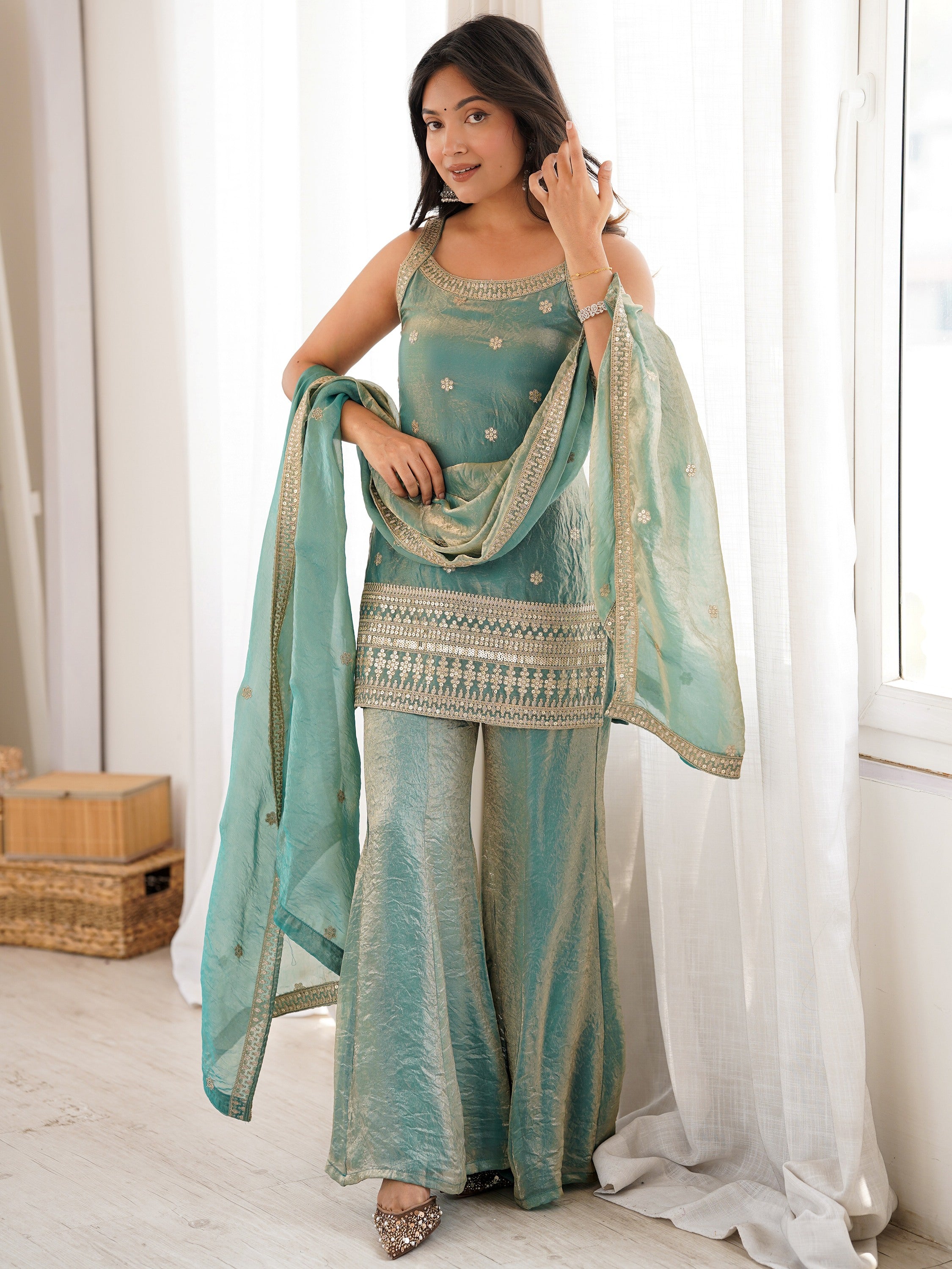 Sea Green Adorable Sea Zari Embroidered Silk Festival Wear Palazzo Suit