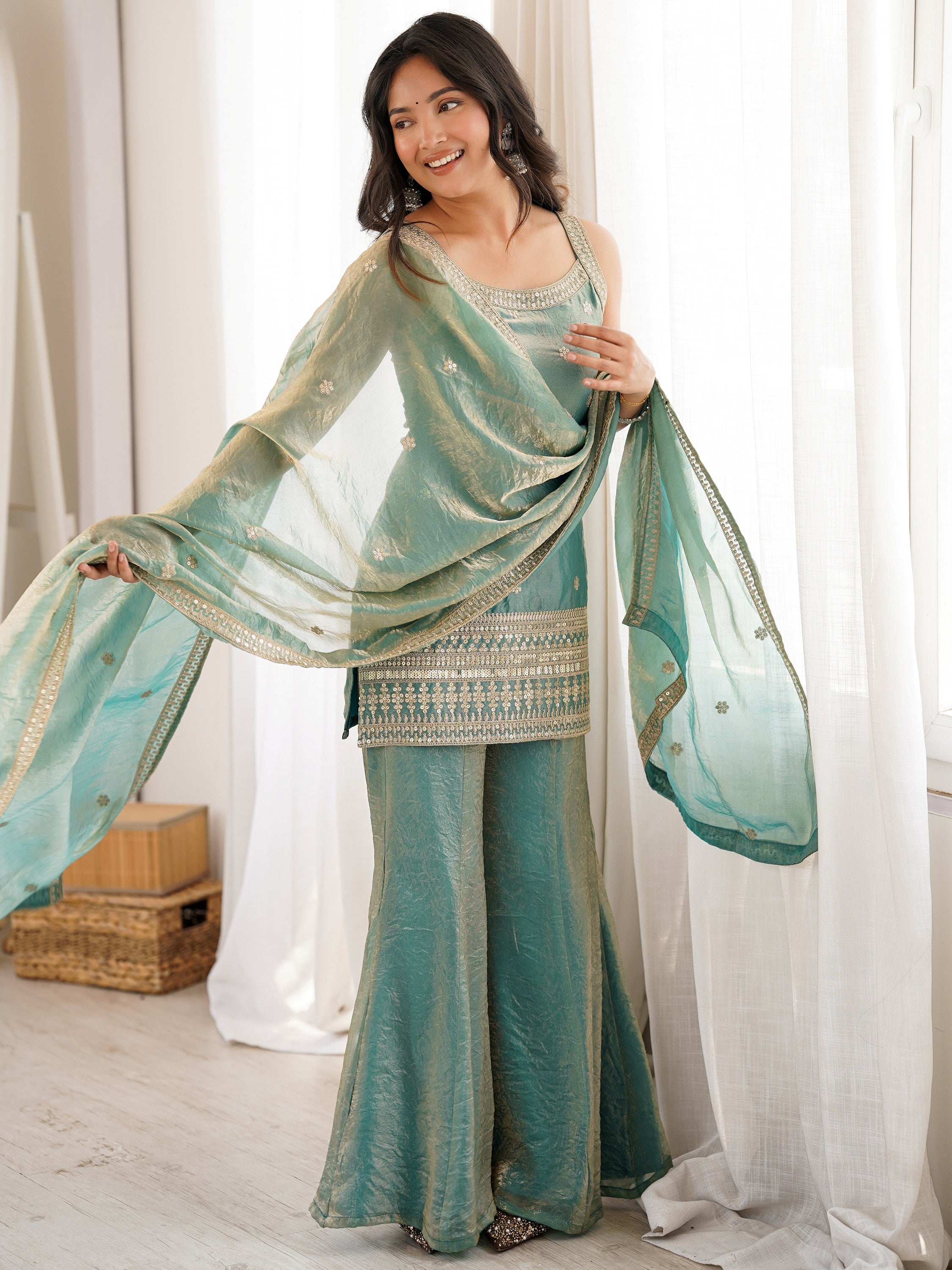 Sea Green Adorable Sea Zari Embroidered Silk Festival Wear Palazzo Suit