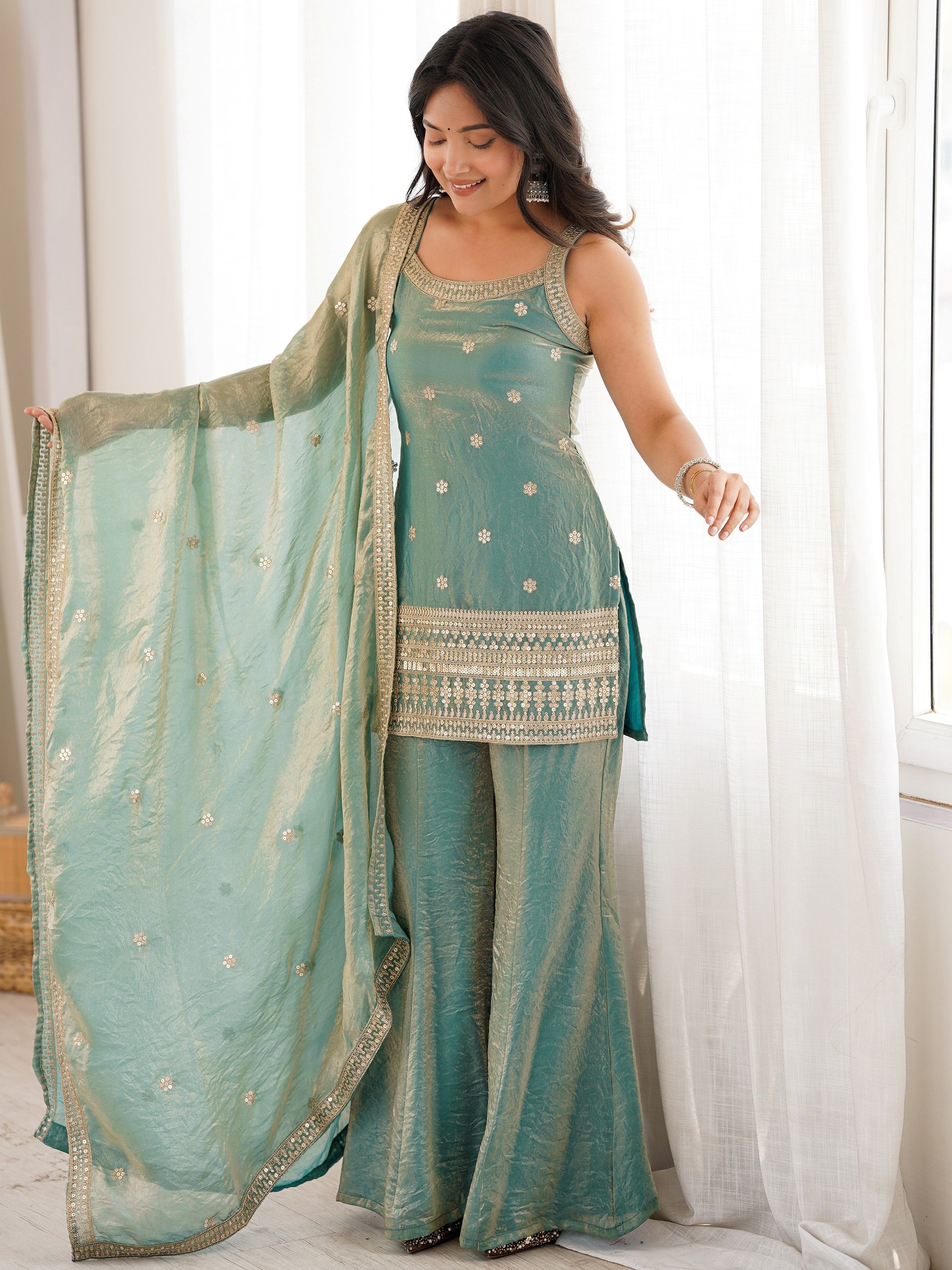 Sea Green Adorable Sea Zari Embroidered Silk Festival Wear Palazzo Suit