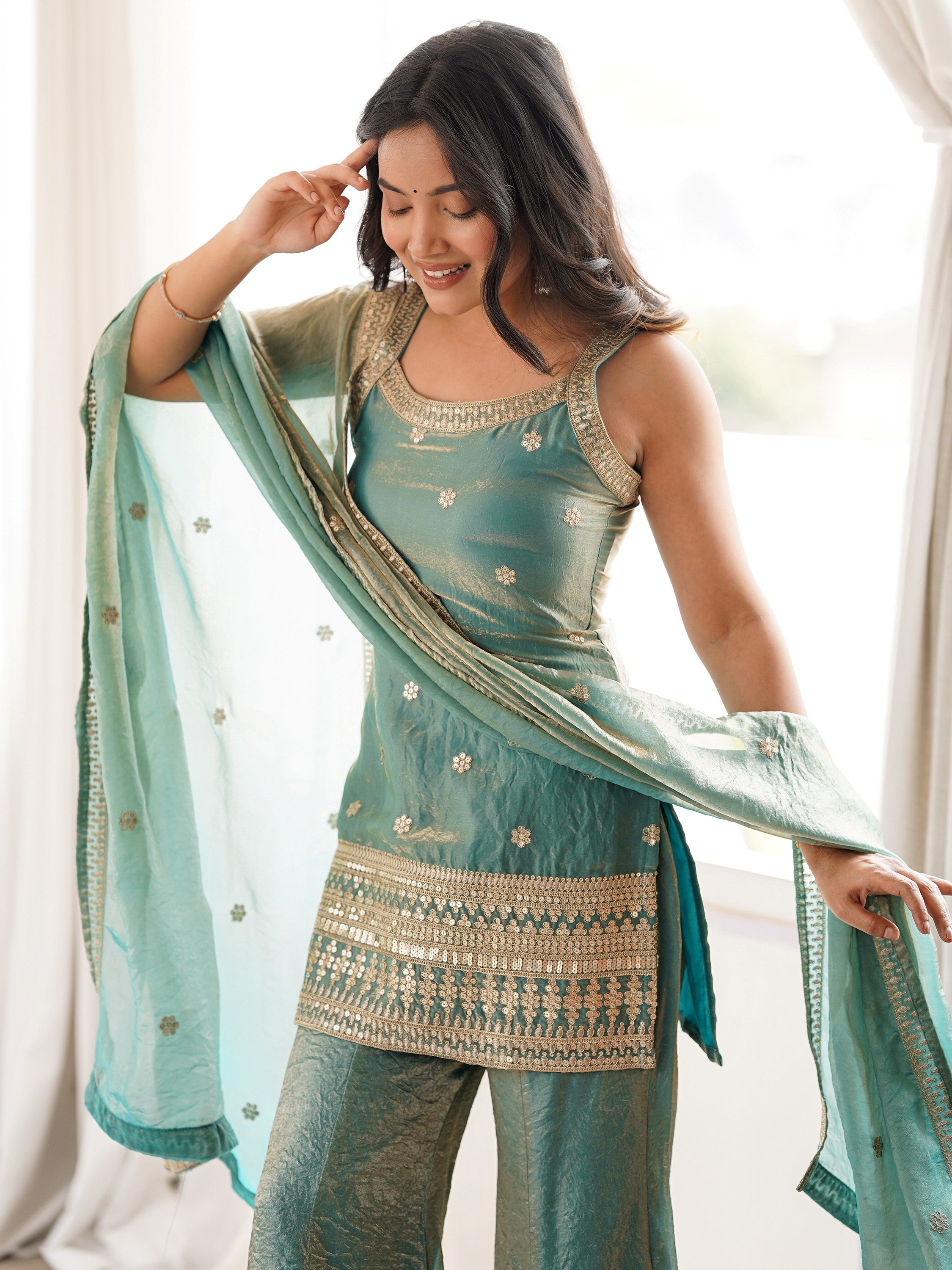 Sea Green Adorable Sea Zari Embroidered Silk Festival Wear Palazzo Suit