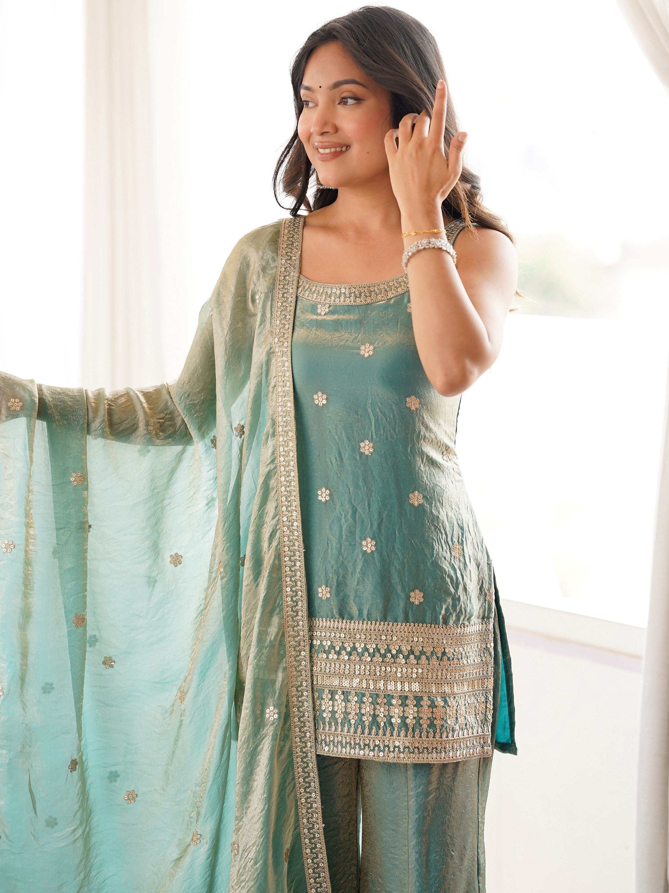 Sea Green Adorable Sea Zari Embroidered Silk Festival Wear Palazzo Suit