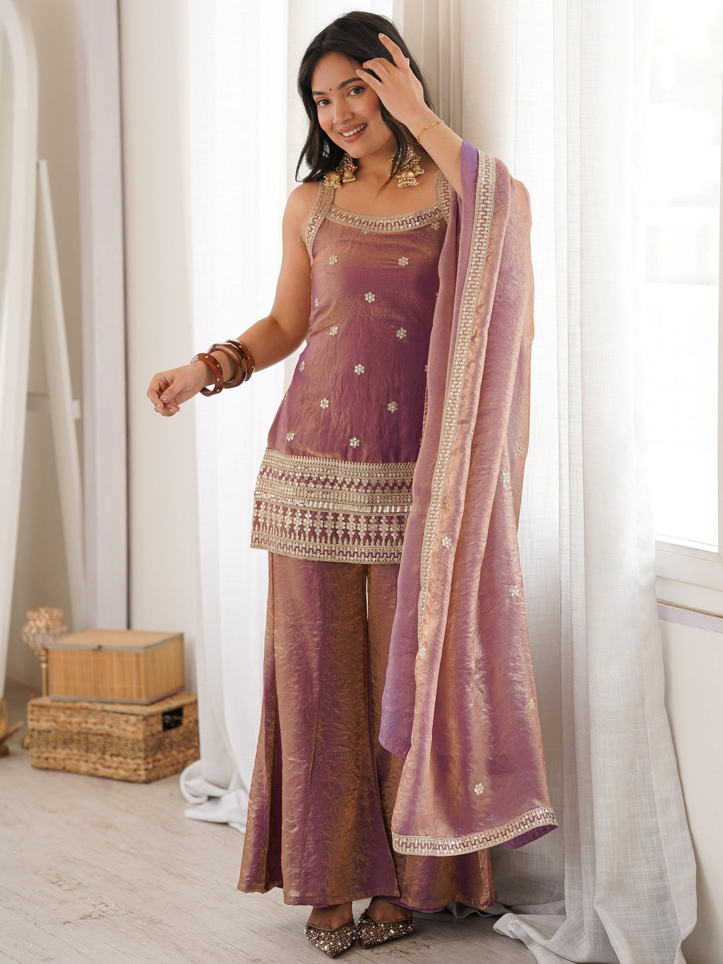 Purple Adorable Sea Zari Embroidered Silk Festival Wear Palazzo Suit
