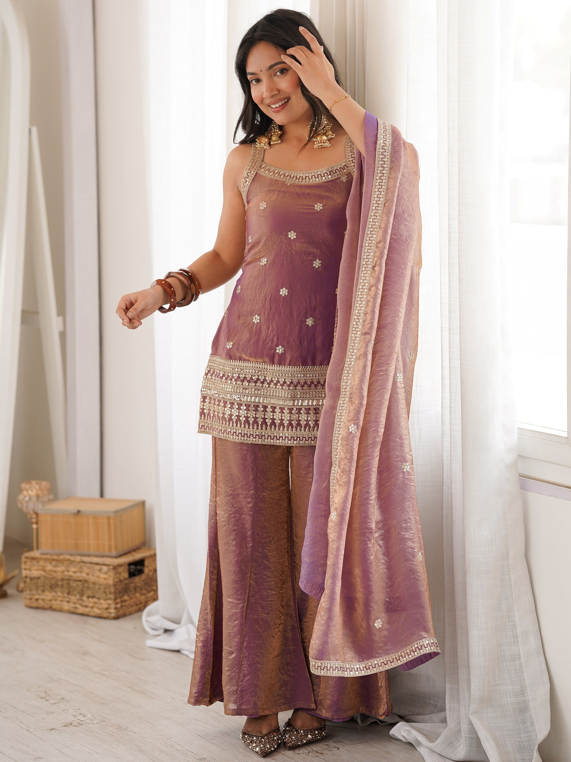 Purple Adorable Sea Zari Embroidered Silk Festival Wear Palazzo Suit