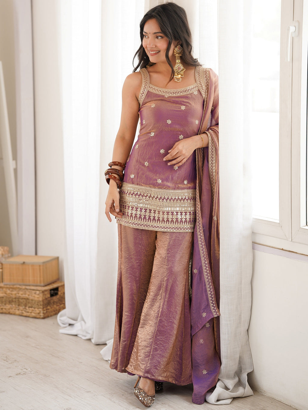 Purple Adorable Sea Zari Embroidered Silk Festival Wear Palazzo Suit