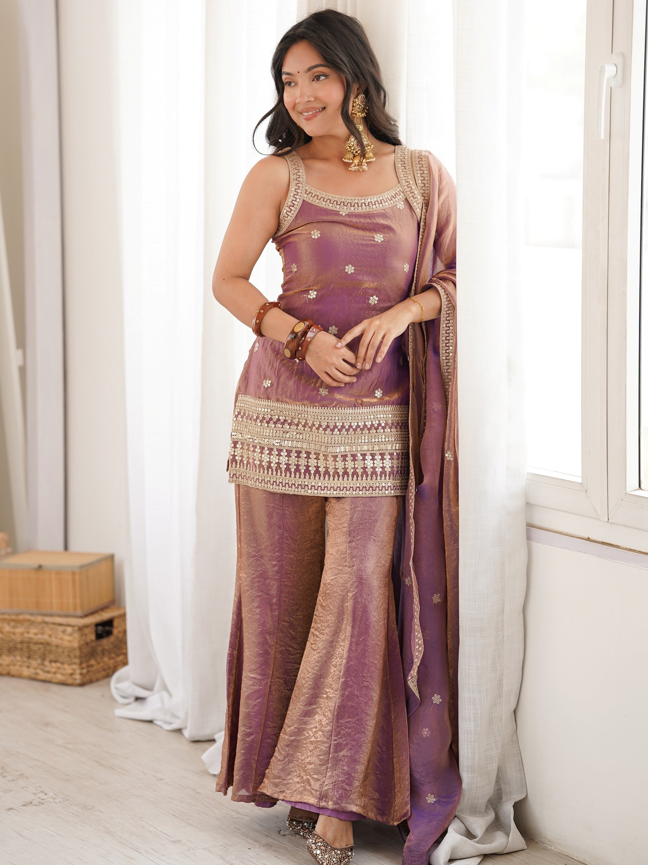 Purple Adorable Sea Zari Embroidered Silk Festival Wear Palazzo Suit