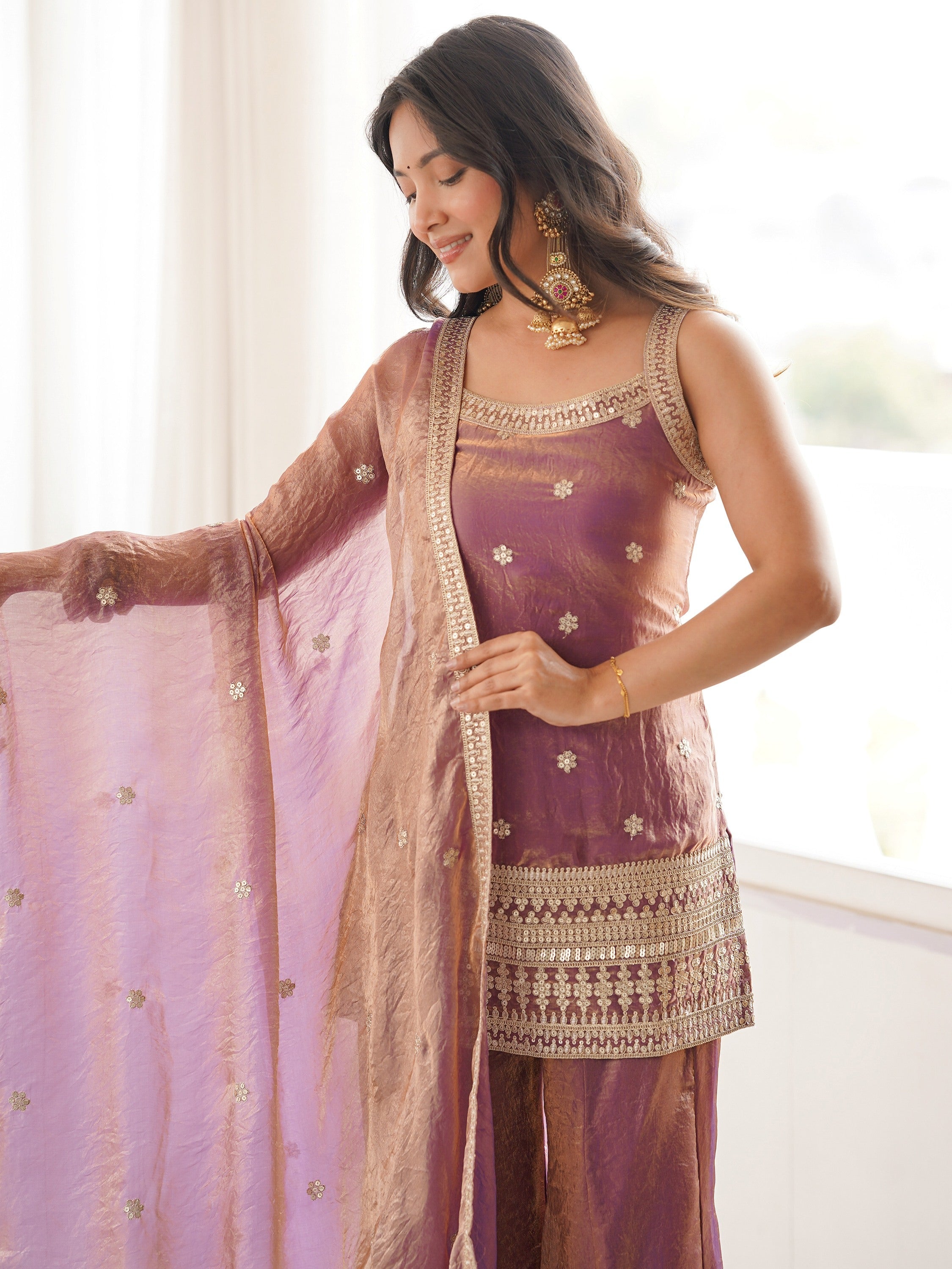 Purple Adorable Sea Zari Embroidered Silk Festival Wear Palazzo Suit