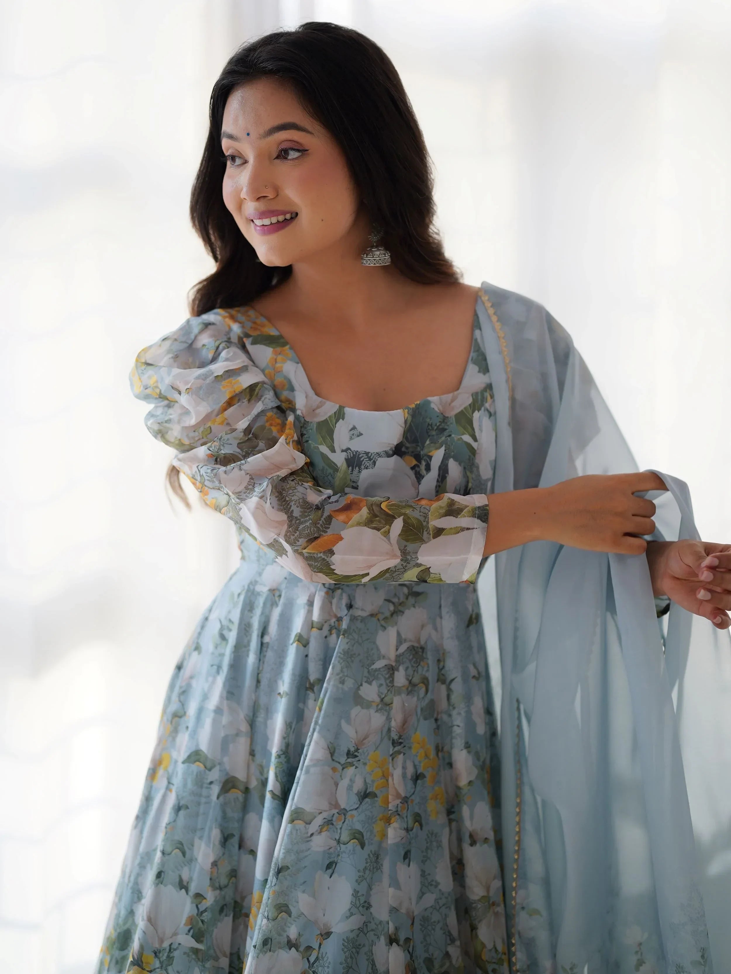 Sweet Blue Organza Floral Printed Anarkali Suit With Dupatta