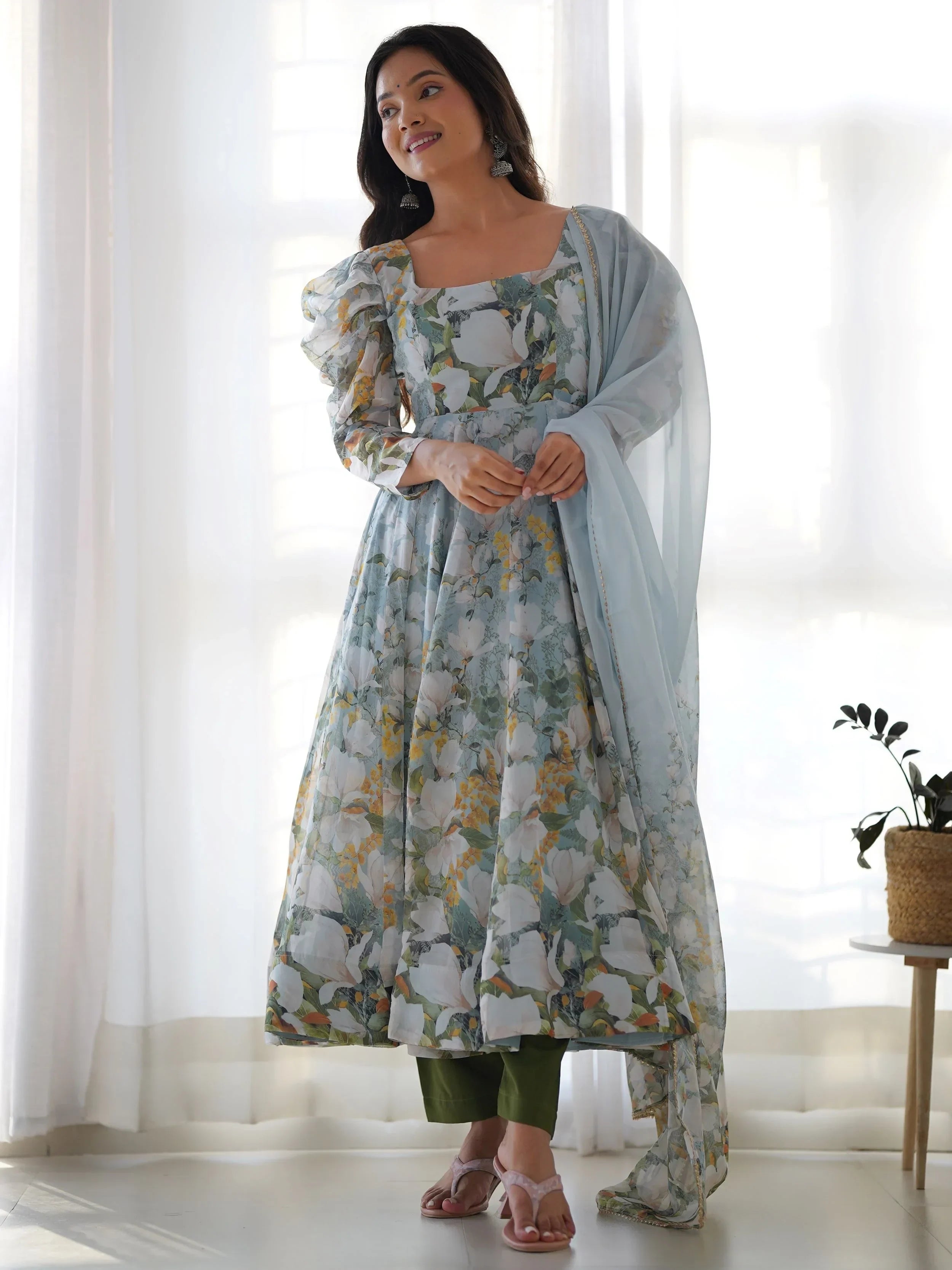 Sweet Blue Organza Floral Printed Anarkali Suit With Dupatta