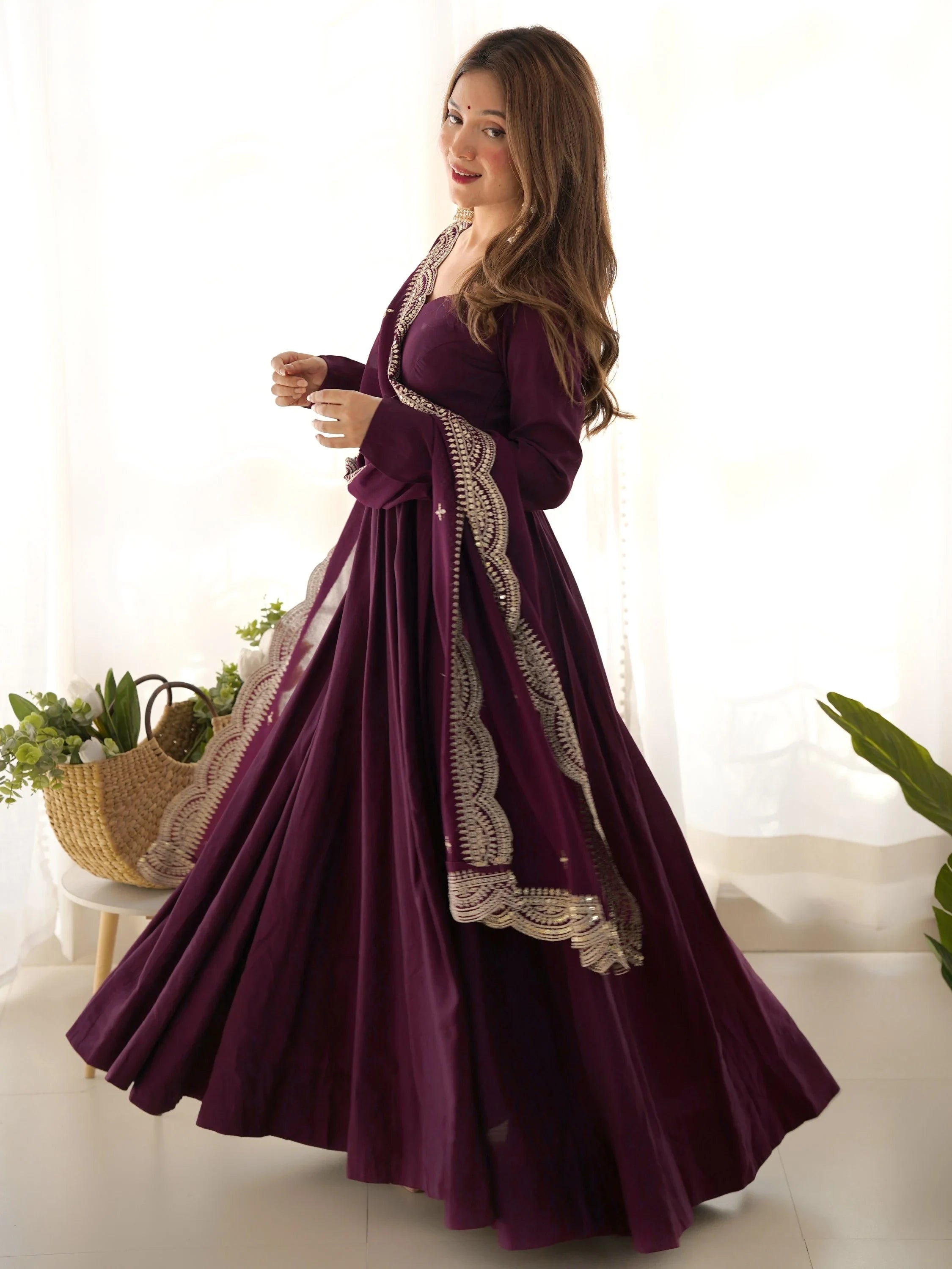 Wine Ravishing Silk Anarkali Pant Suit With Sequins Dupatta