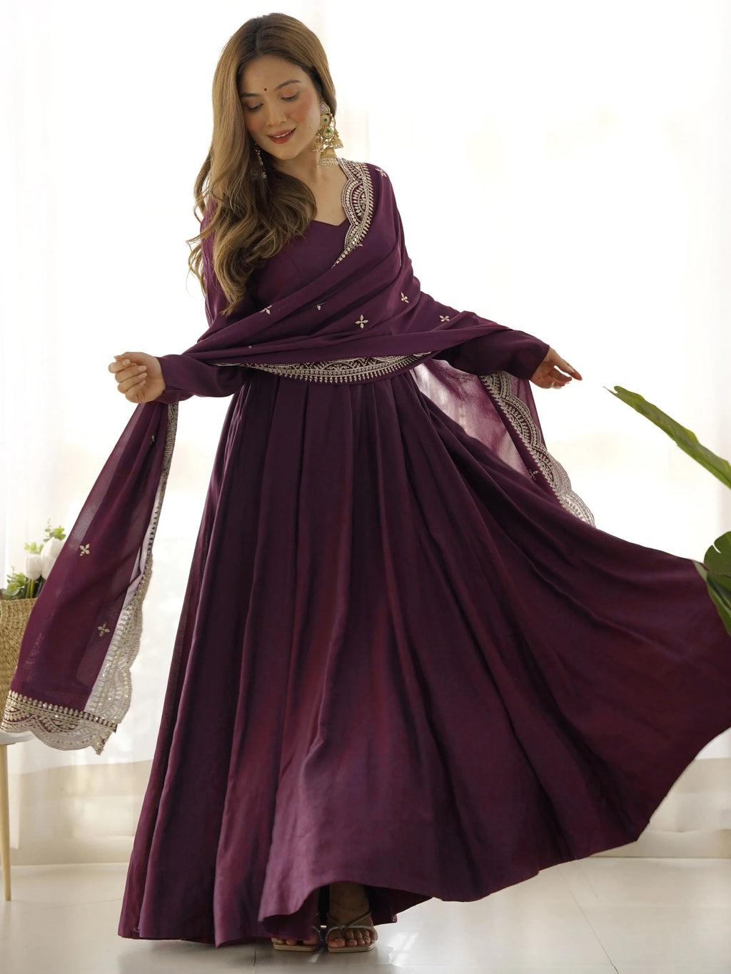 Wine Ravishing Silk Anarkali Pant Suit With Sequins Dupatta