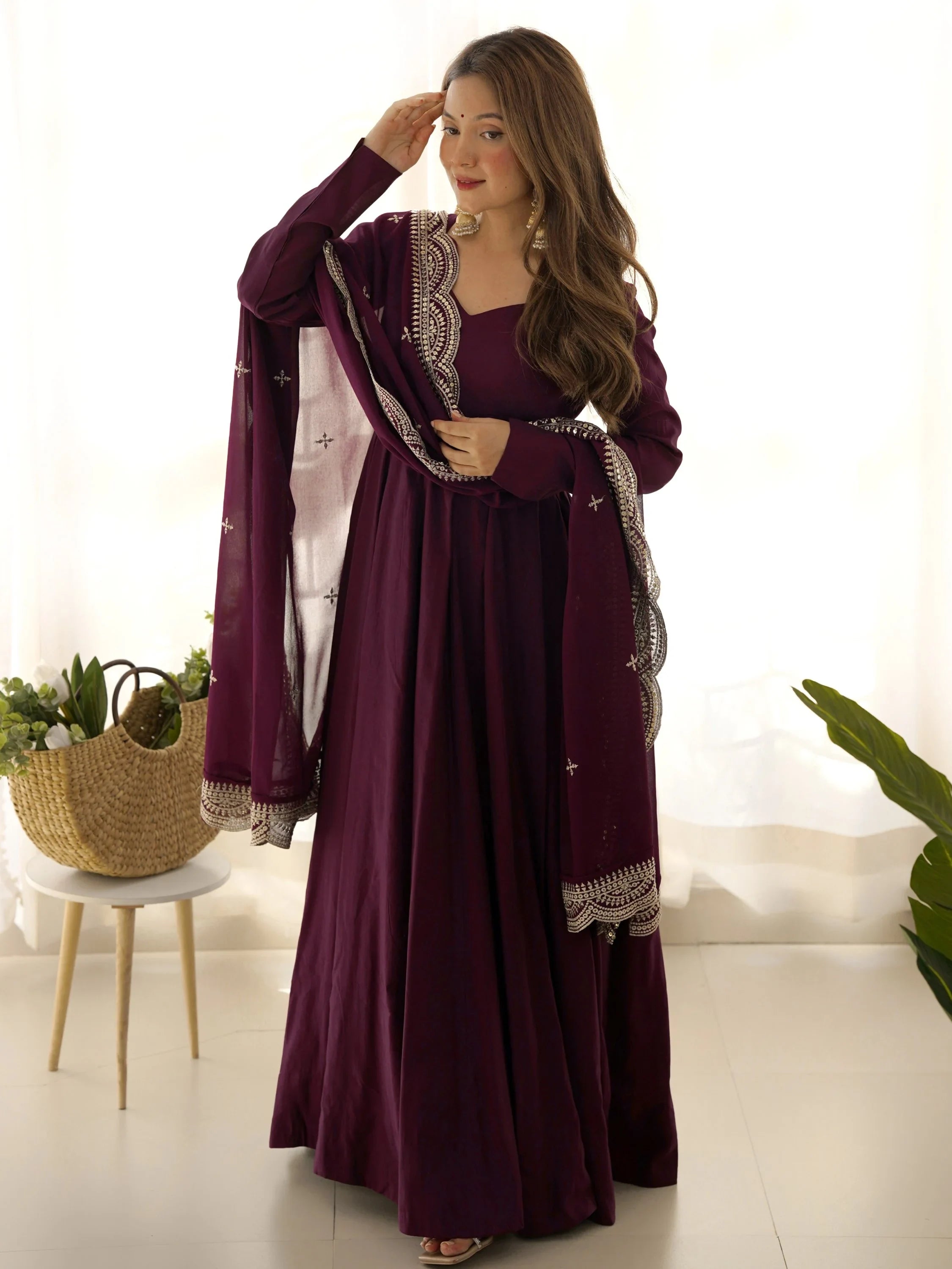 Wine Ravishing Silk Anarkali Pant Suit With Sequins Dupatta