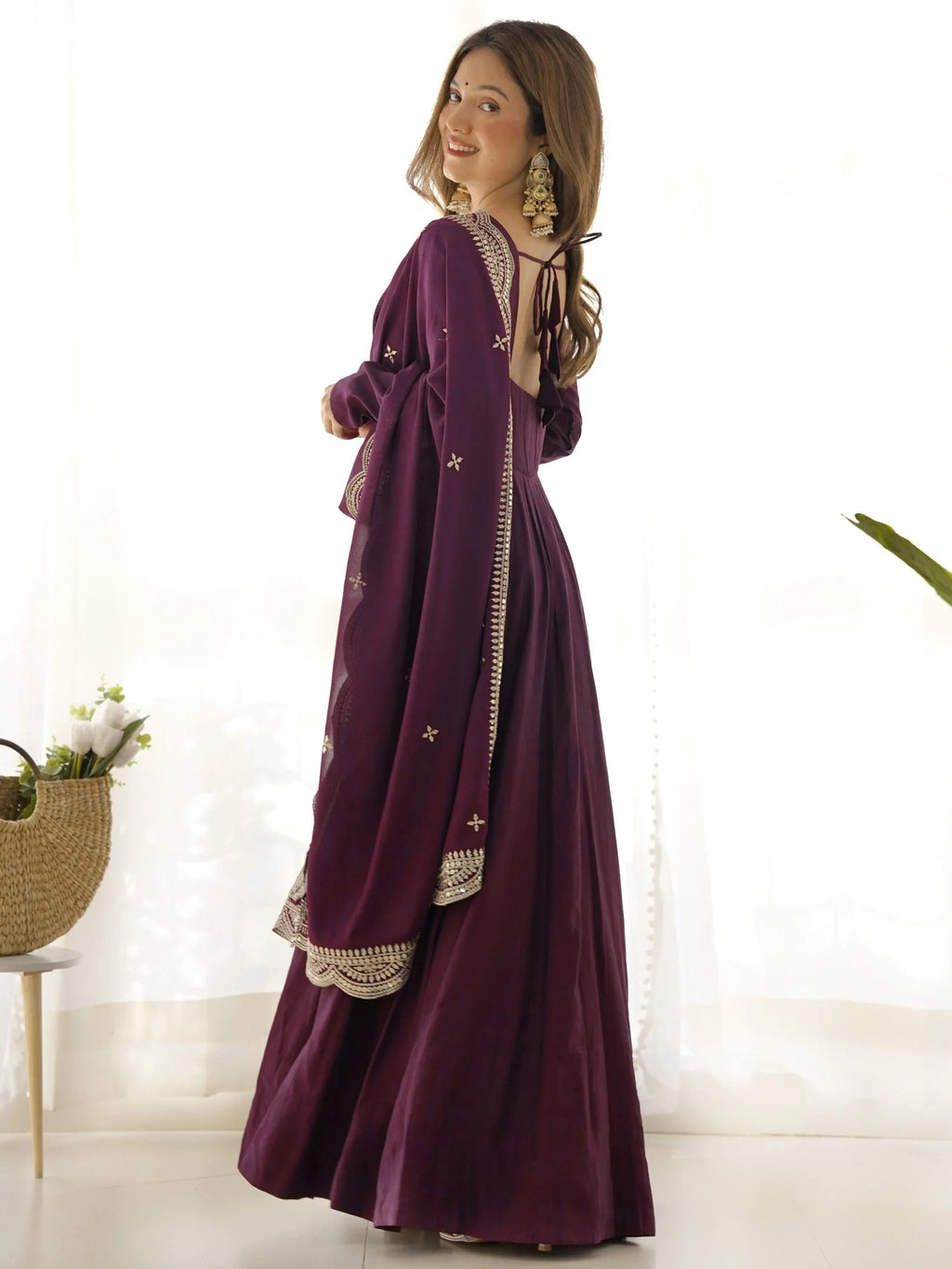 Wine Ravishing Silk Anarkali Pant Suit With Sequins Dupatta