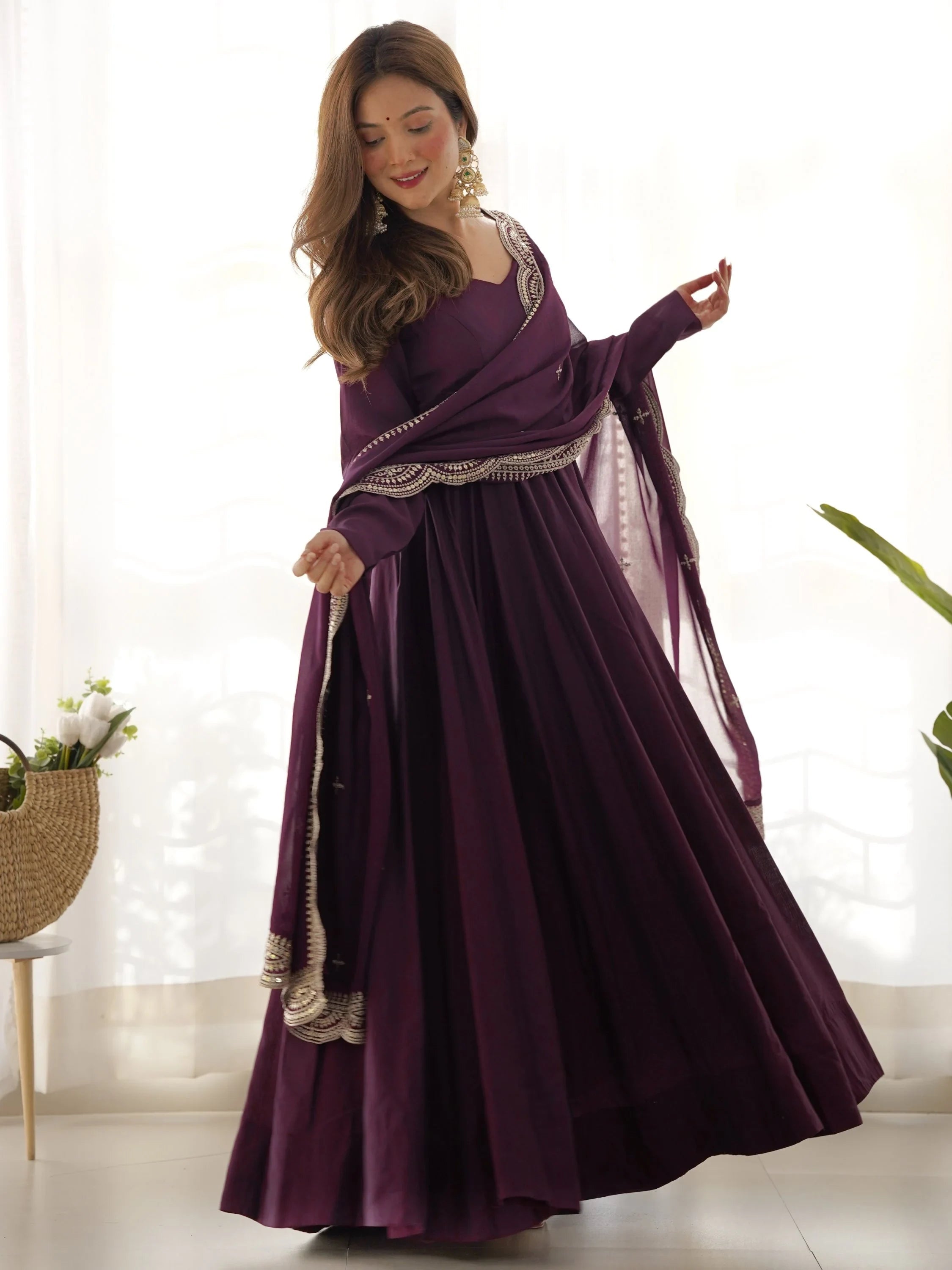 Wine Ravishing Silk Anarkali Pant Suit With Sequins Dupatta