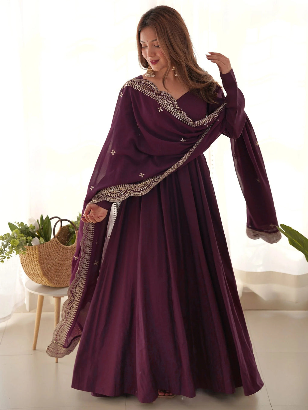 Wine Ravishing Silk Anarkali Pant Suit With Sequins Dupatta