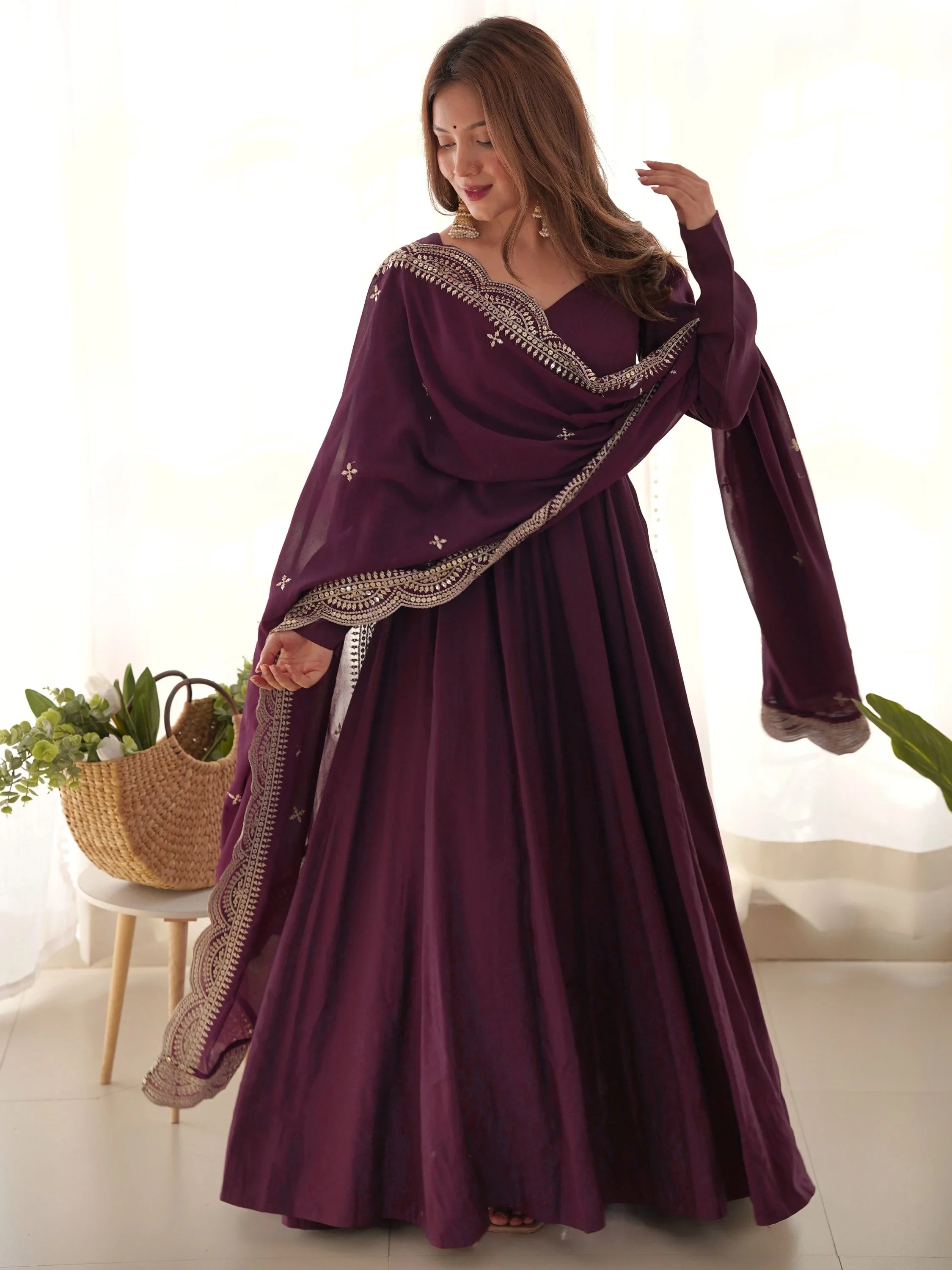 Wine Ravishing Silk Anarkali Pant Suit With Sequins Dupatta