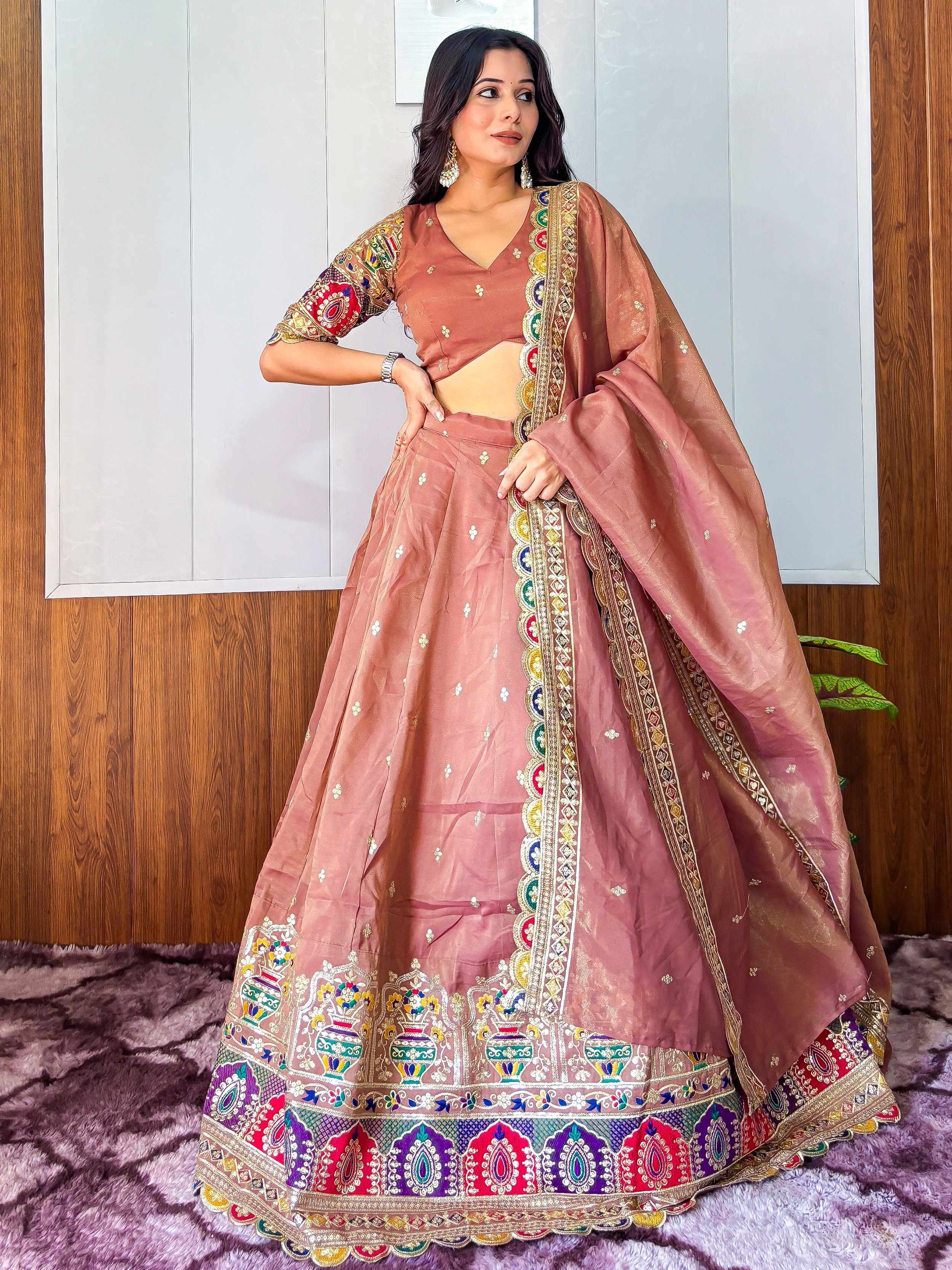 Rust Stunning Silk Sequins Party Wear Lehenga Choli With Dupatta