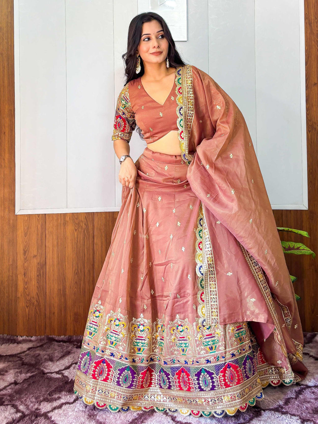 Rust Stunning Silk Sequins Party Wear Lehenga Choli With Dupatta