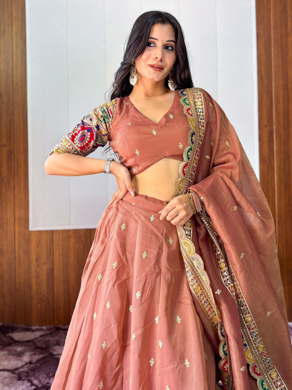 Rust Stunning Silk Sequins Party Wear Lehenga Choli With Dupatta