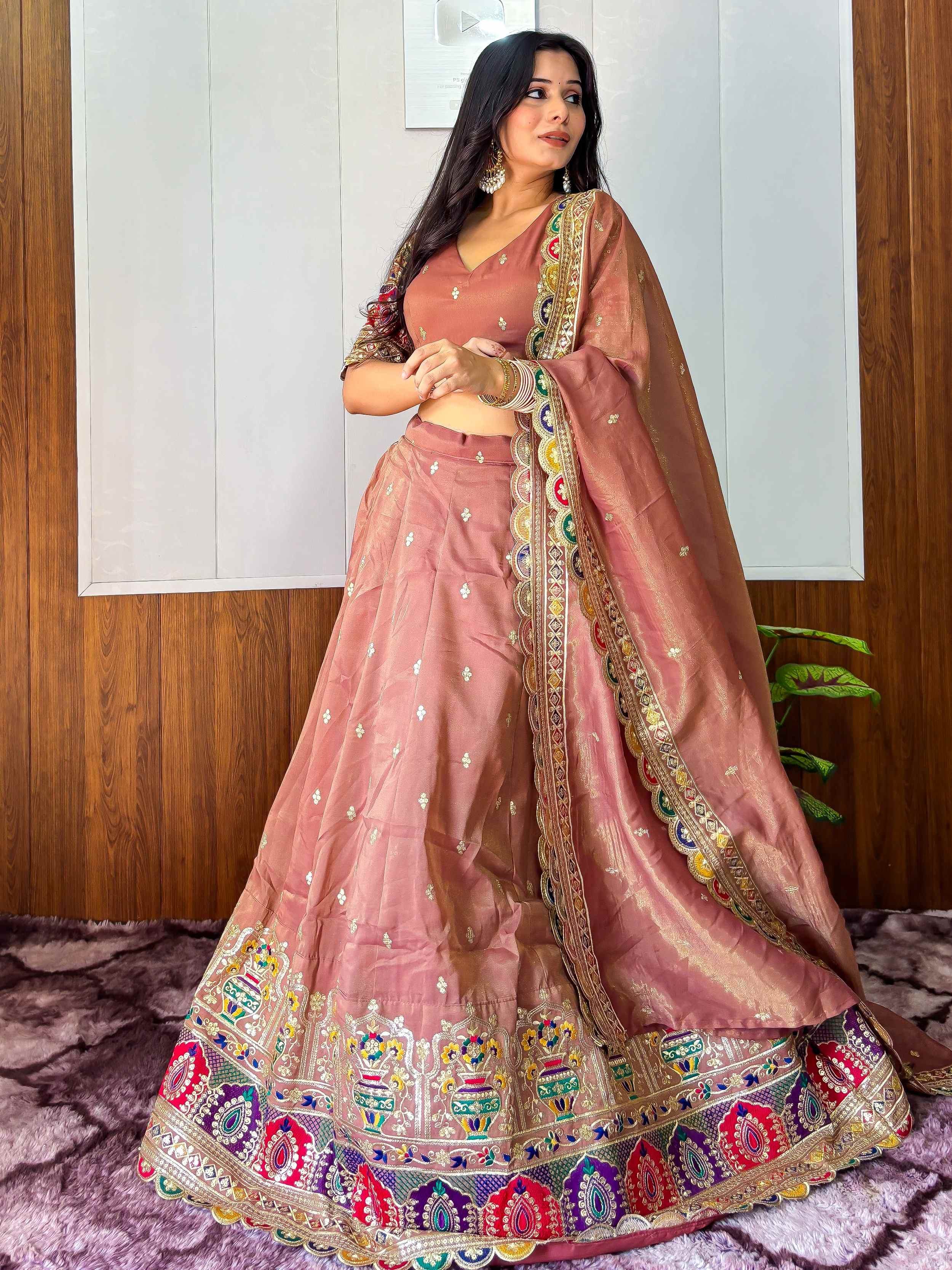 Rust Stunning Silk Sequins Party Wear Lehenga Choli With Dupatta