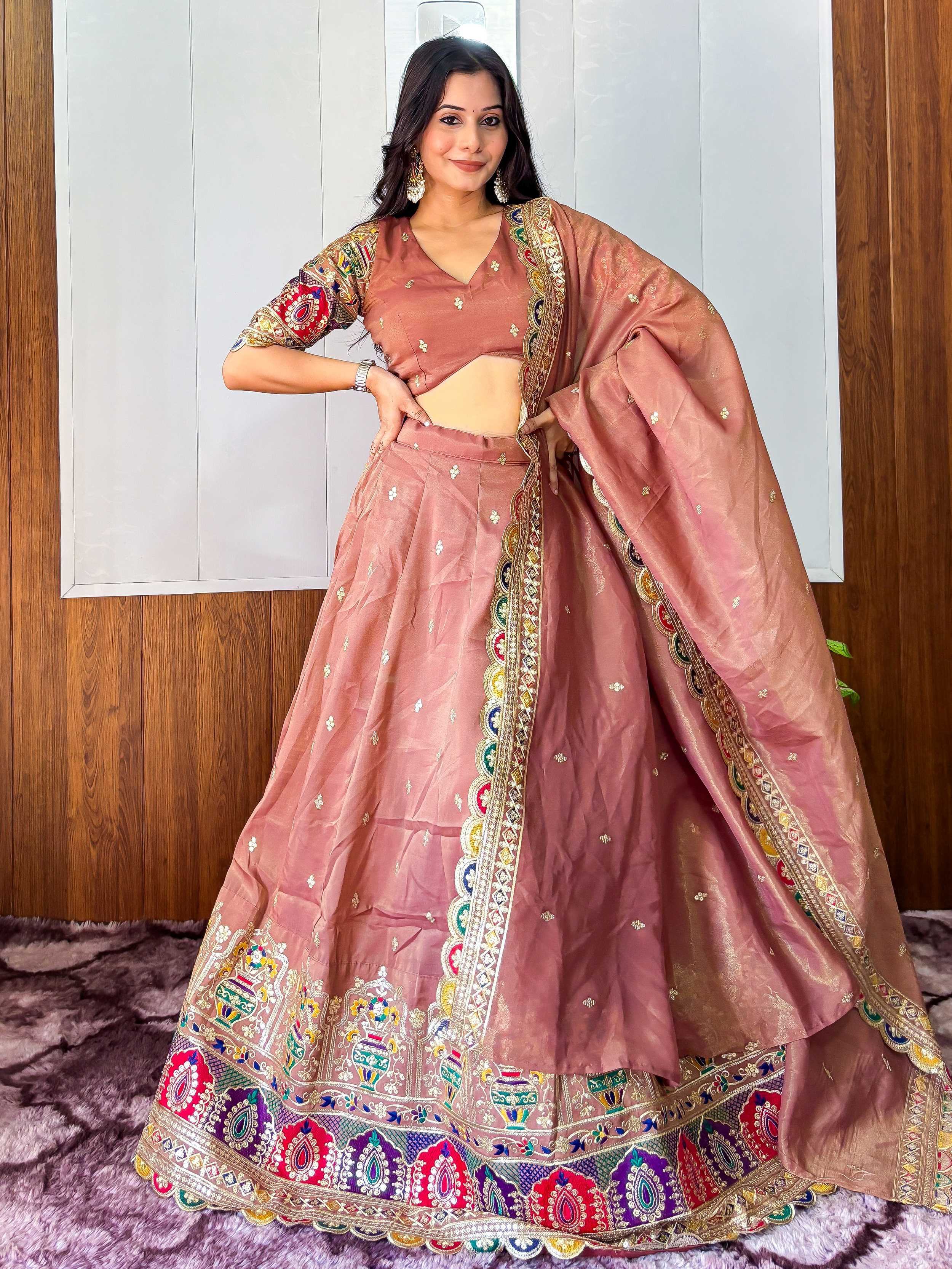 Rust Stunning Silk Sequins Party Wear Lehenga Choli With Dupatta