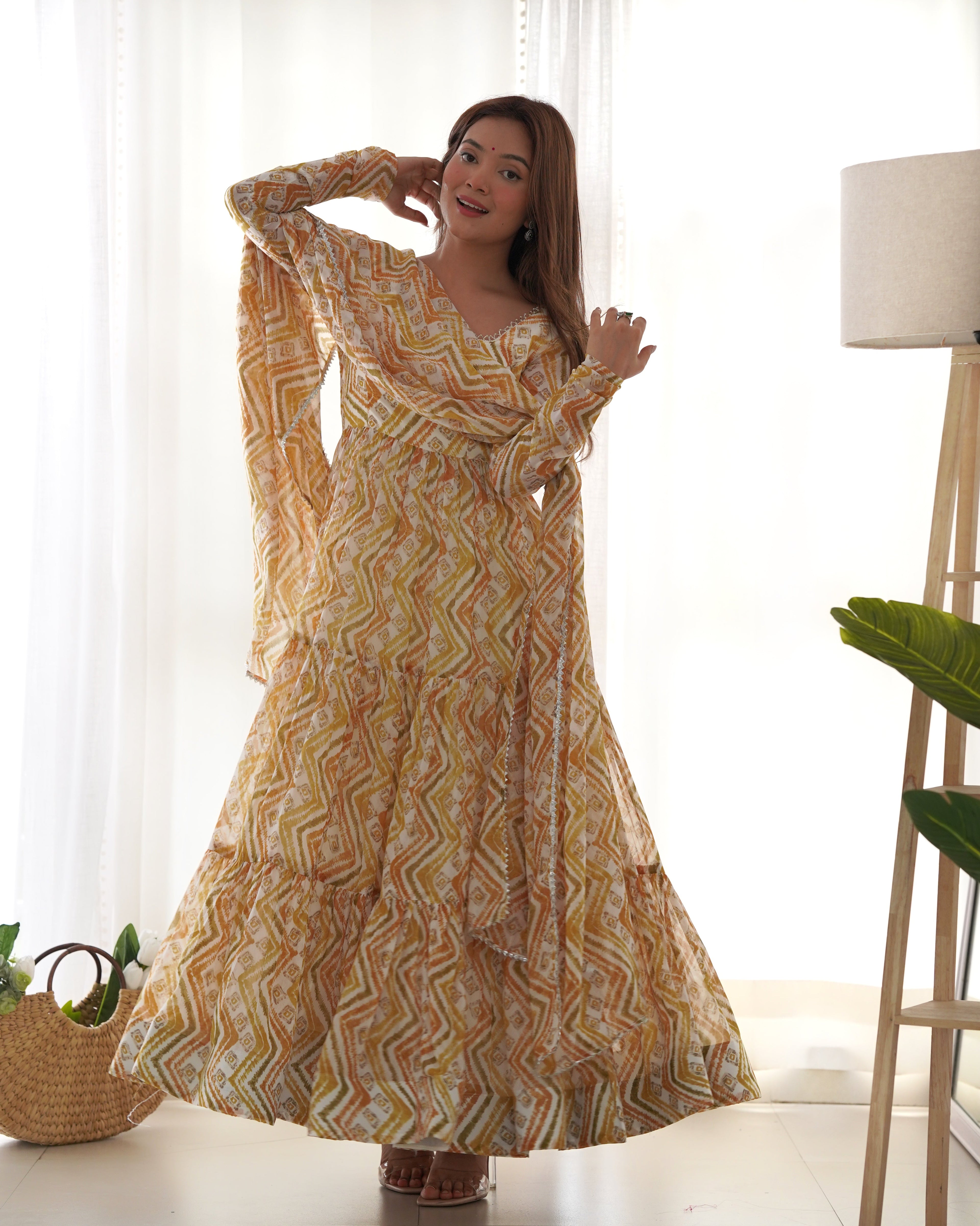 Yellow Fox Georgette Anarkali Lehenga Suit with Huge Flair for Festive Occasions