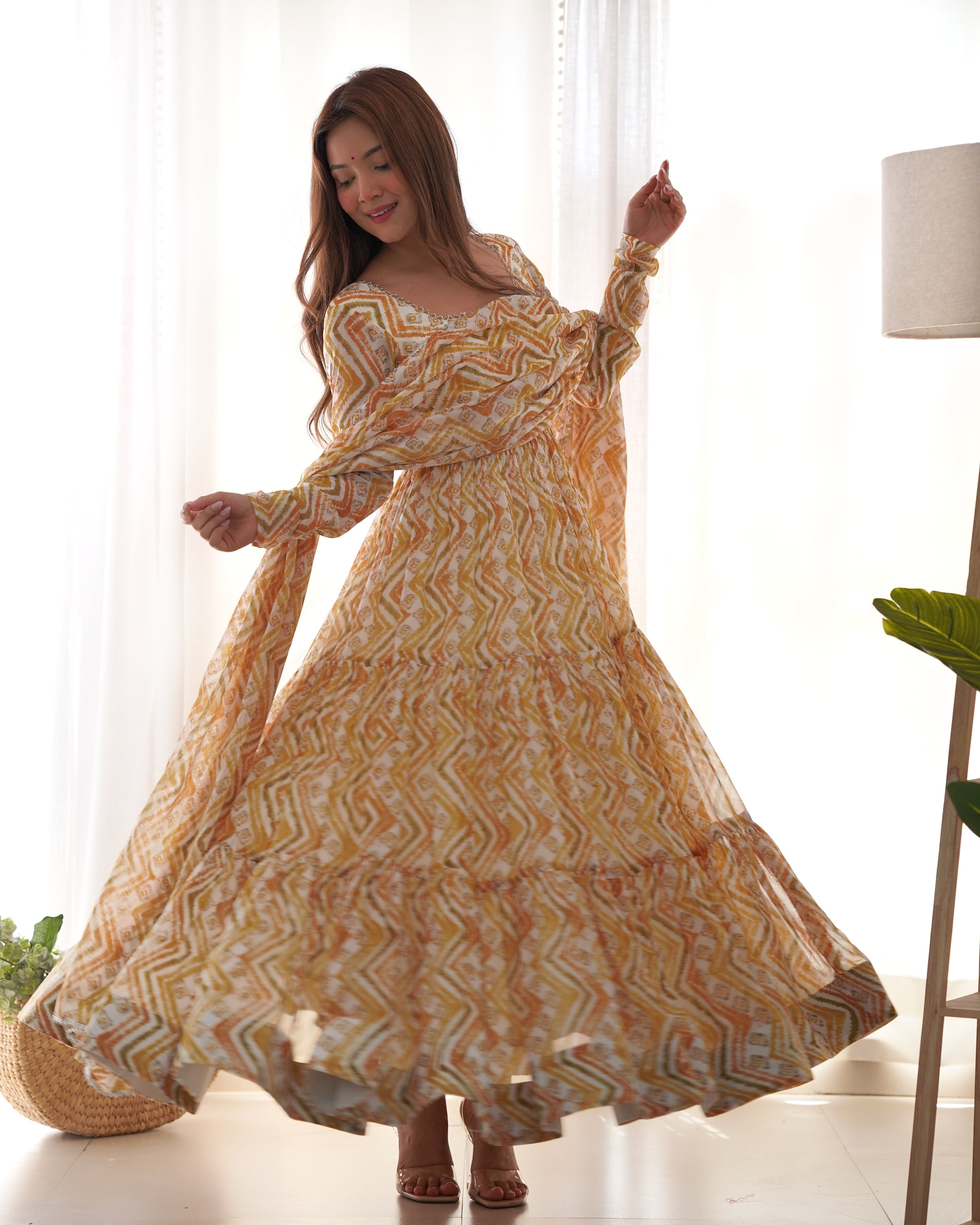 Yellow Fox Georgette Anarkali Lehenga Suit with Huge Flair for Festive Occasions