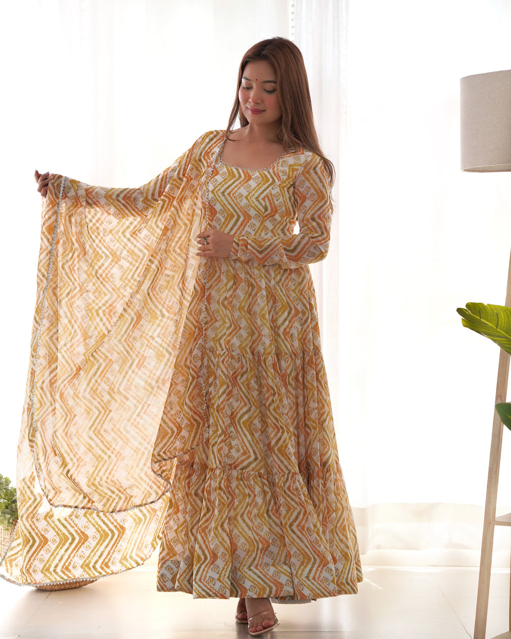Yellow Fox Georgette Anarkali Lehenga Suit with Huge Flair for Festive Occasions