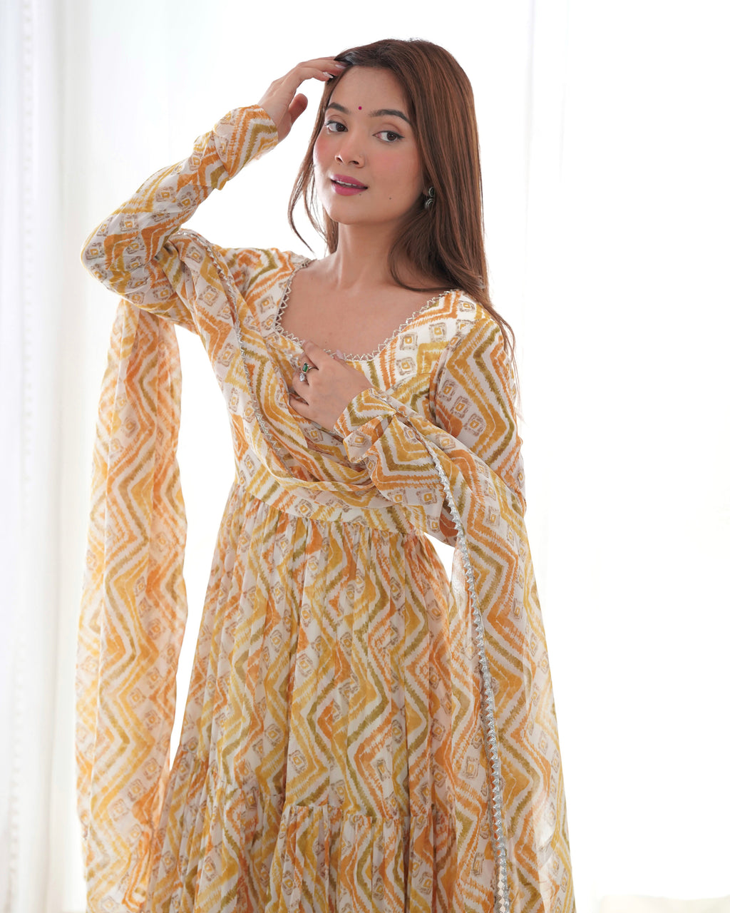 Yellow Fox Georgette Anarkali Lehenga Suit with Huge Flair for Festive Occasions