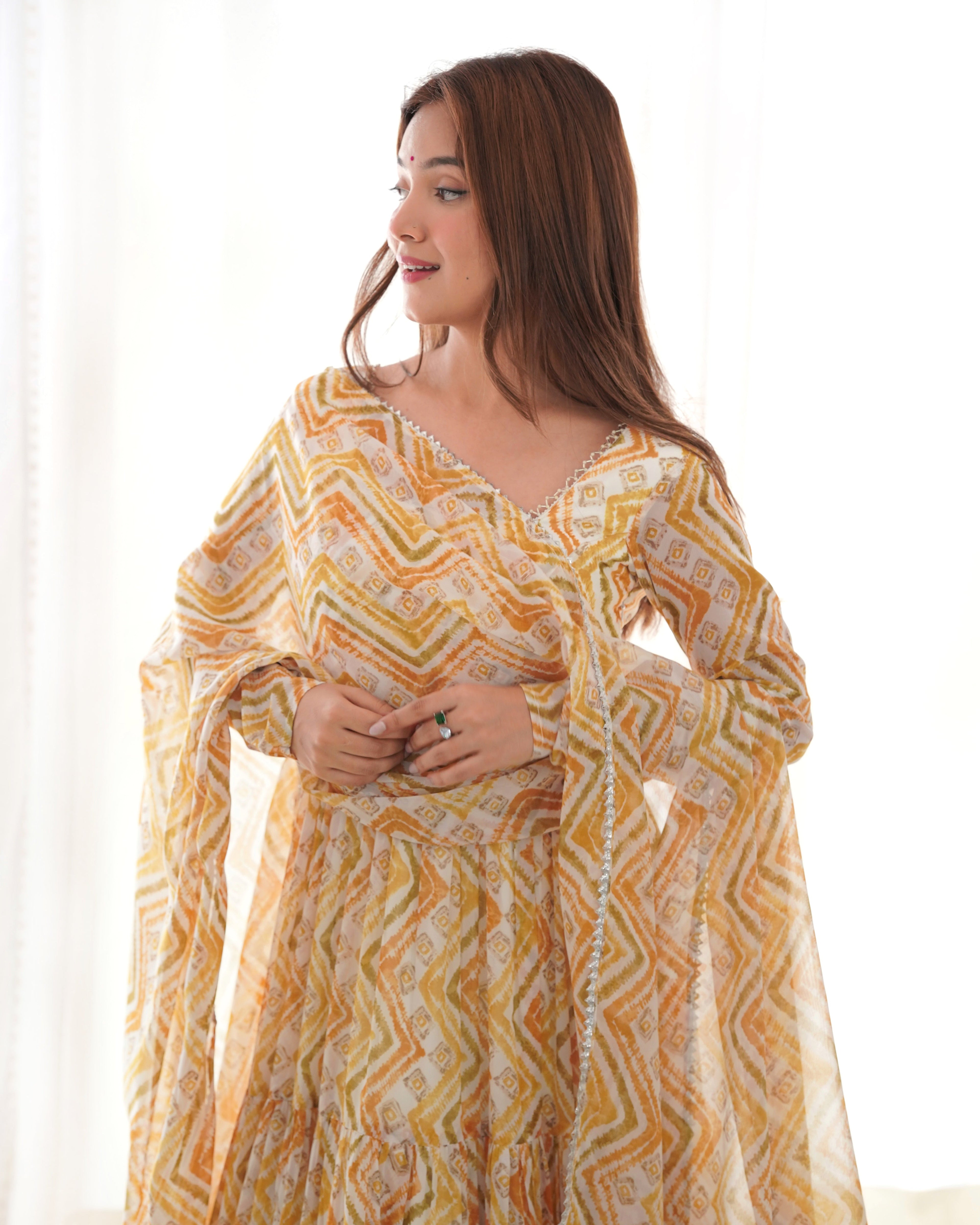 Yellow Fox Georgette Anarkali Lehenga Suit with Huge Flair for Festive Occasions