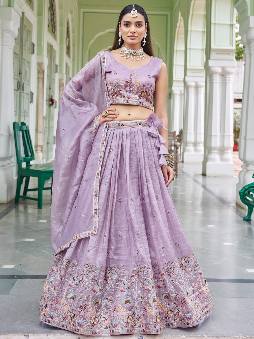 Lavender Gorgeous Embroidered Crushed Wedding Wear Lehenga Choli
