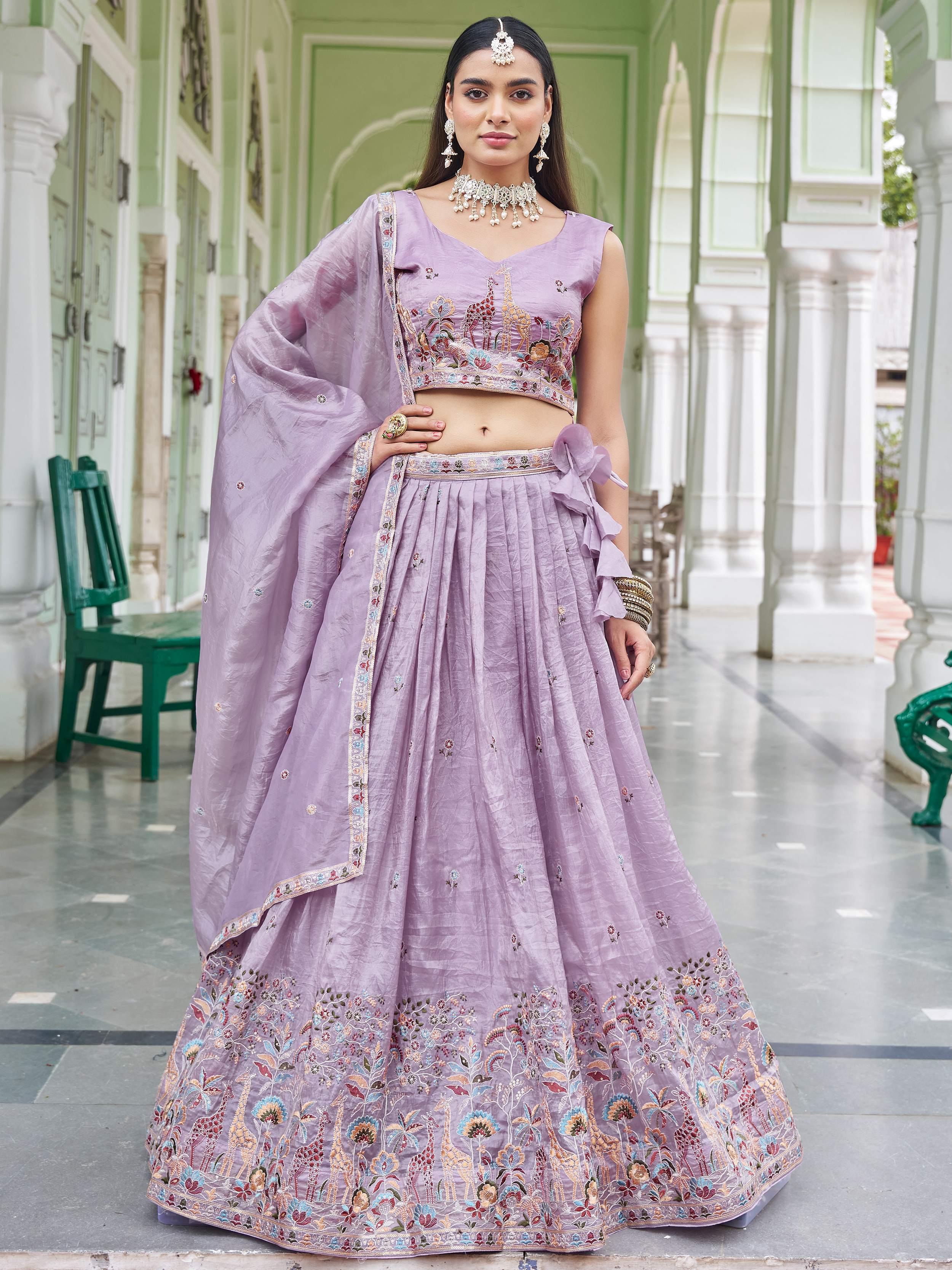 Lavender Gorgeous Embroidered Crushed Wedding Wear Lehenga Choli
