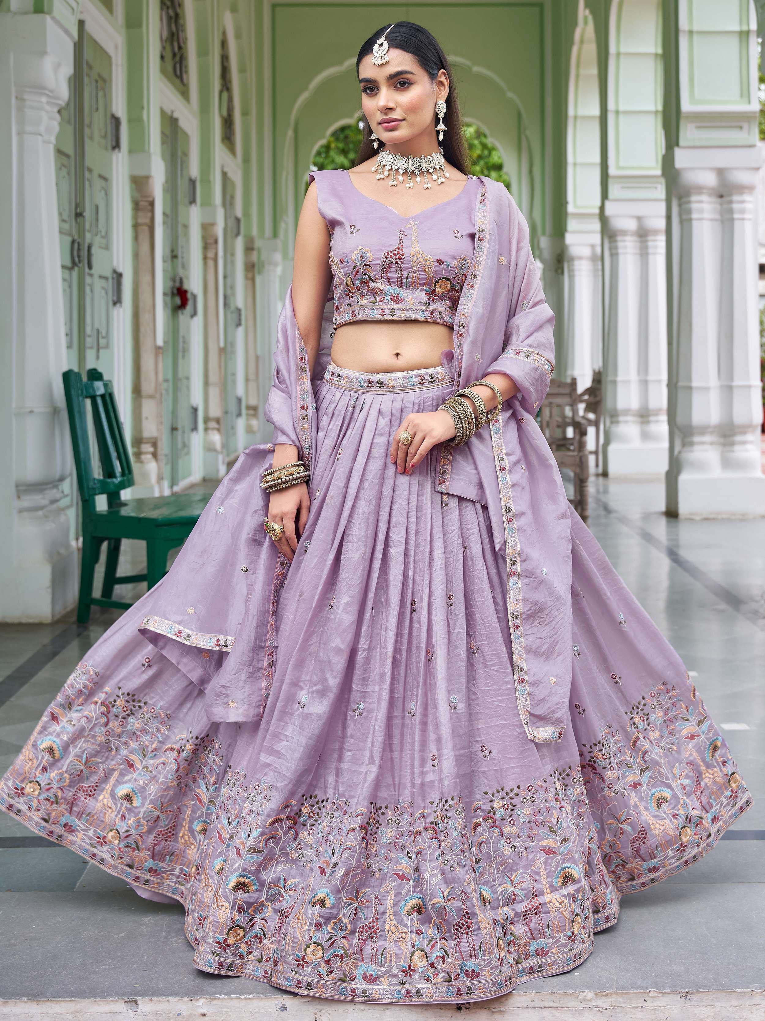 Lavender Gorgeous Embroidered Crushed Wedding Wear Lehenga Choli