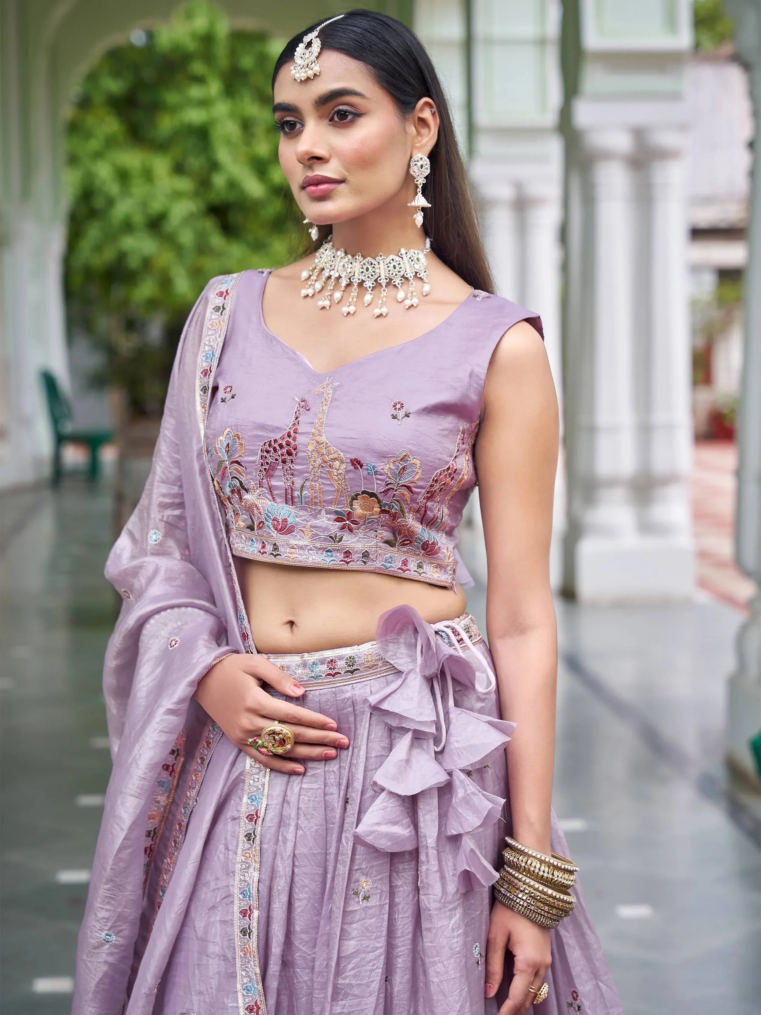 Lavender Gorgeous Embroidered Crushed Wedding Wear Lehenga Choli
