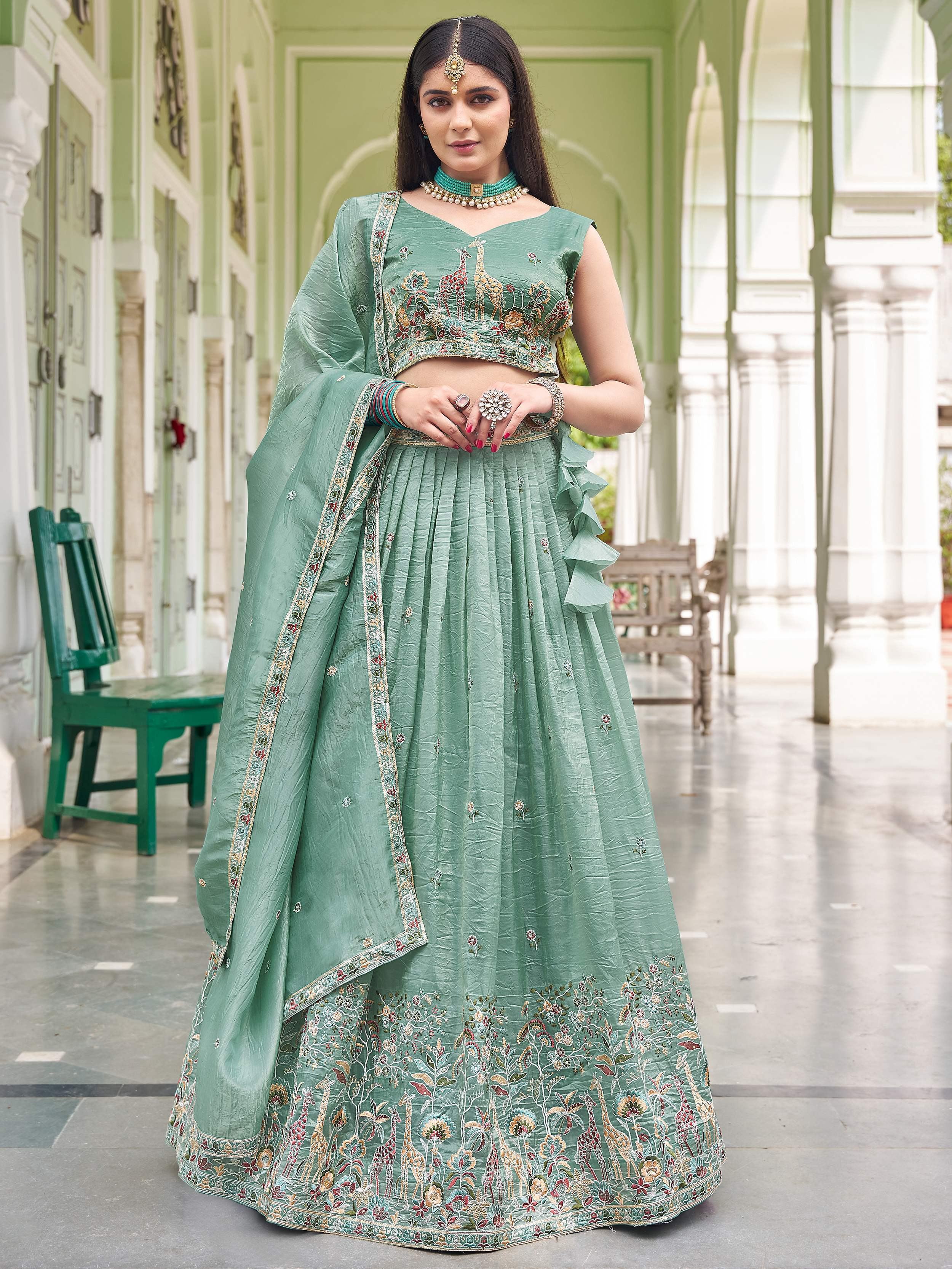 Green Gorgeous Embroidered Crushed Wedding Wear Lehenga Choli