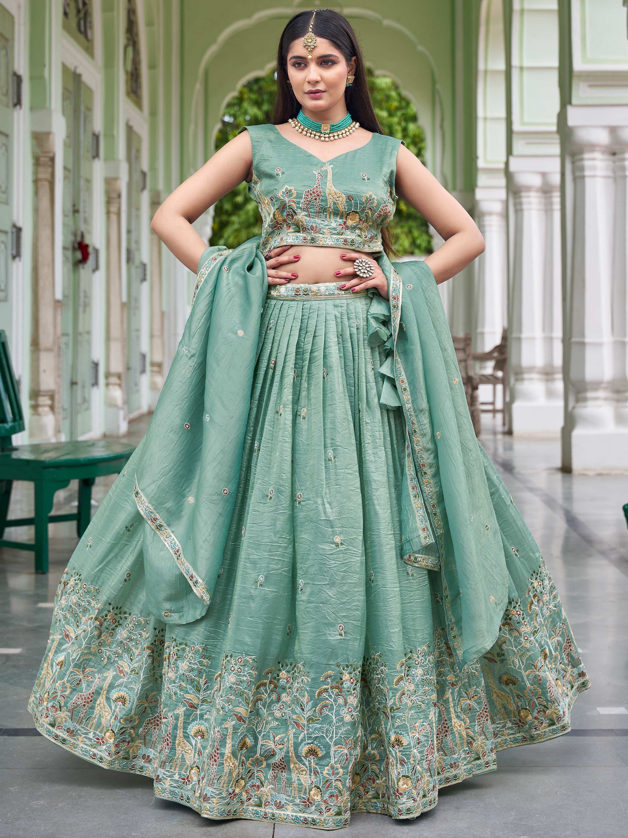 Green Gorgeous Embroidered Crushed Wedding Wear Lehenga Choli