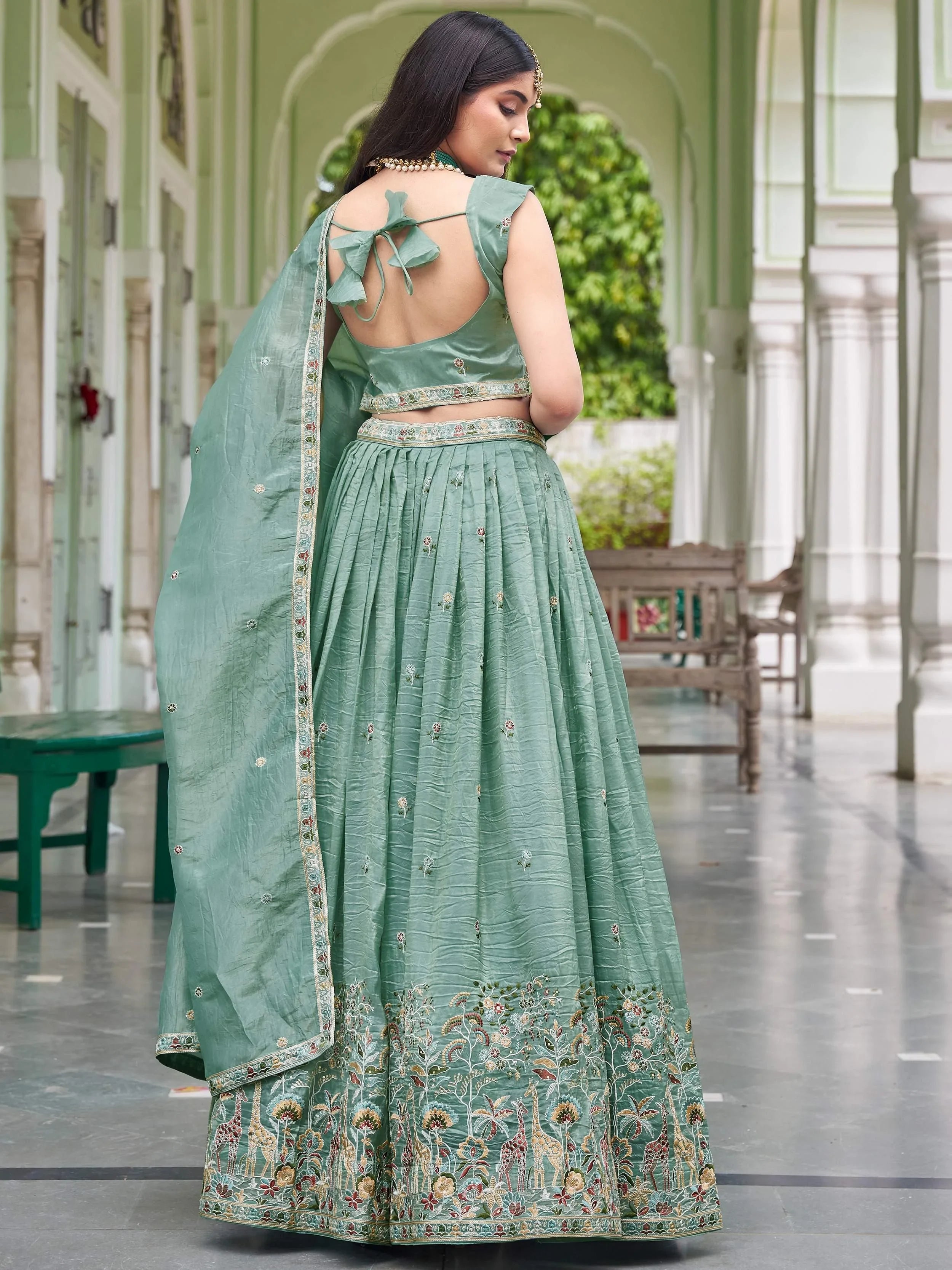 Green Gorgeous Embroidered Crushed Wedding Wear Lehenga Choli