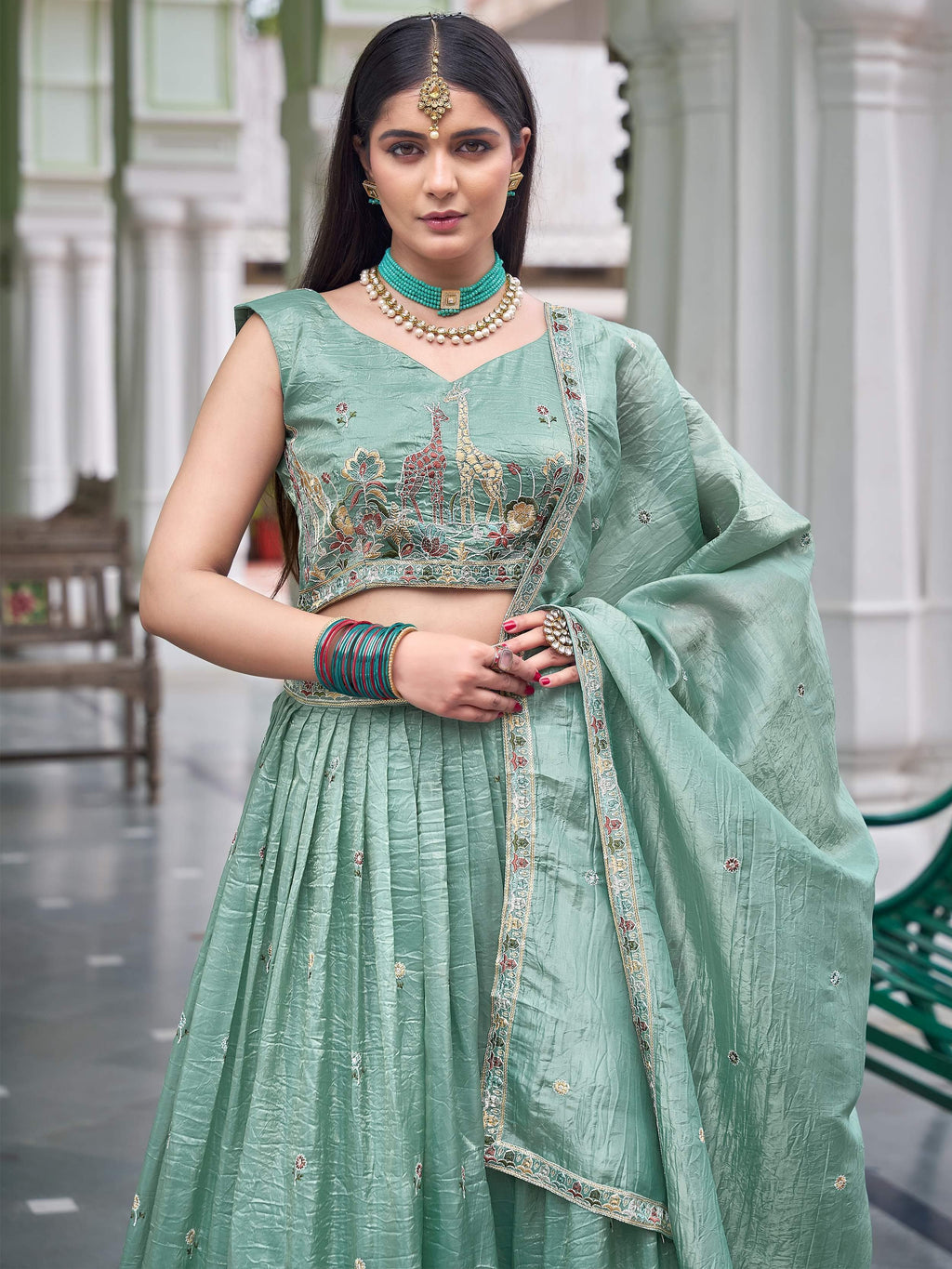 Green Gorgeous Embroidered Crushed Wedding Wear Lehenga Choli