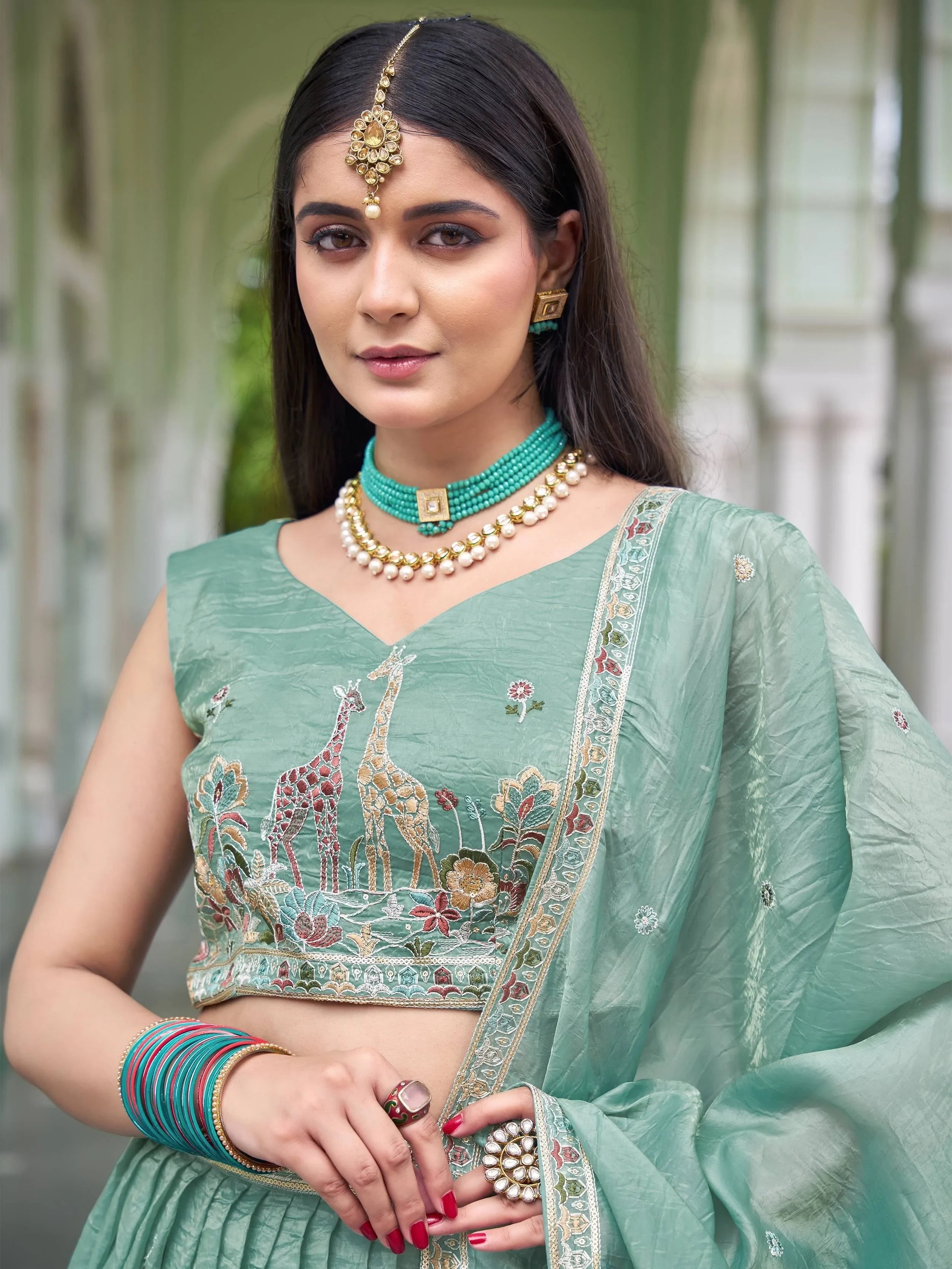 Green Gorgeous Embroidered Crushed Wedding Wear Lehenga Choli