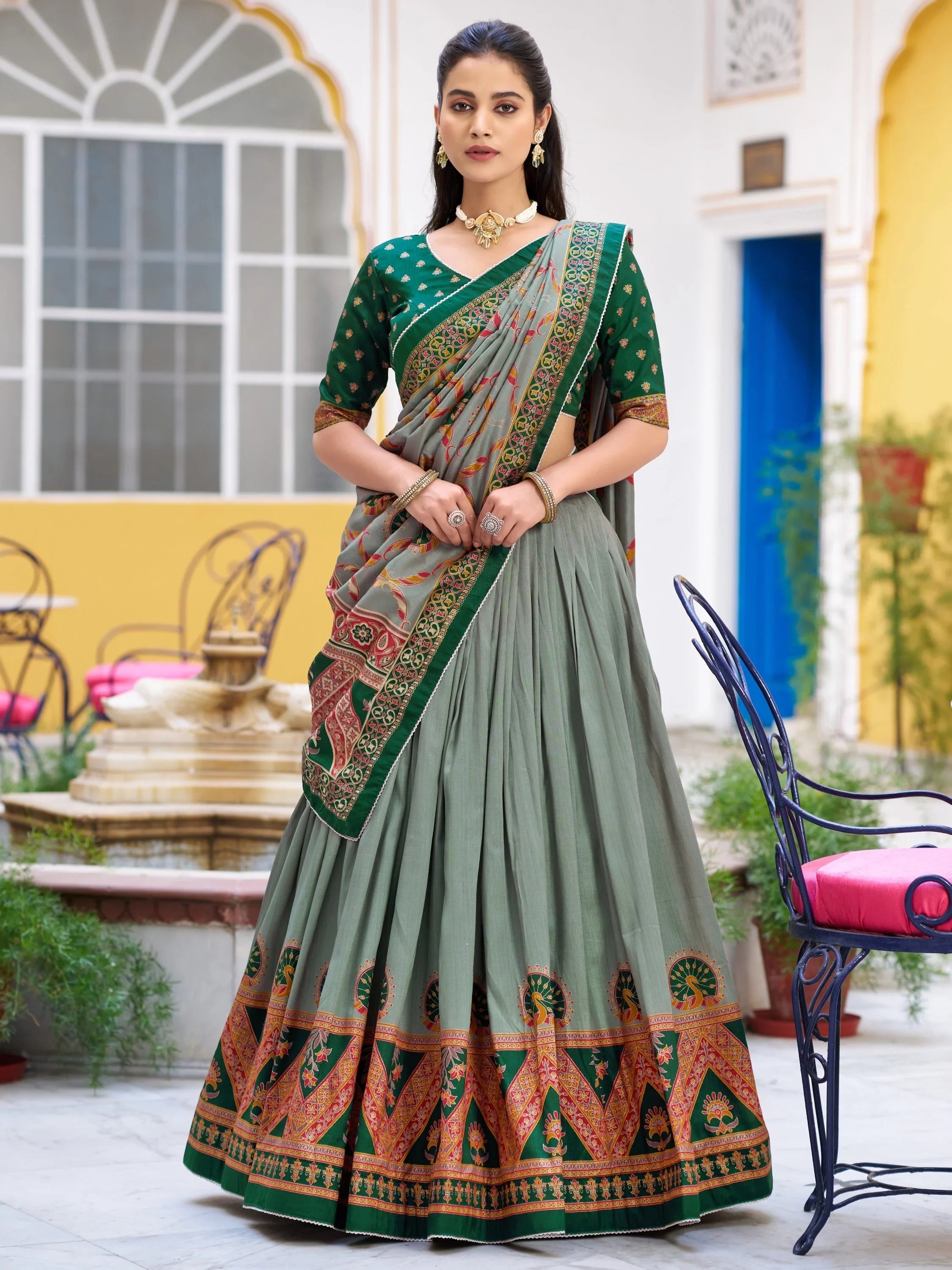 Green Spectacular Digital Printed Silk Marriage Wear Lehenga With Choli