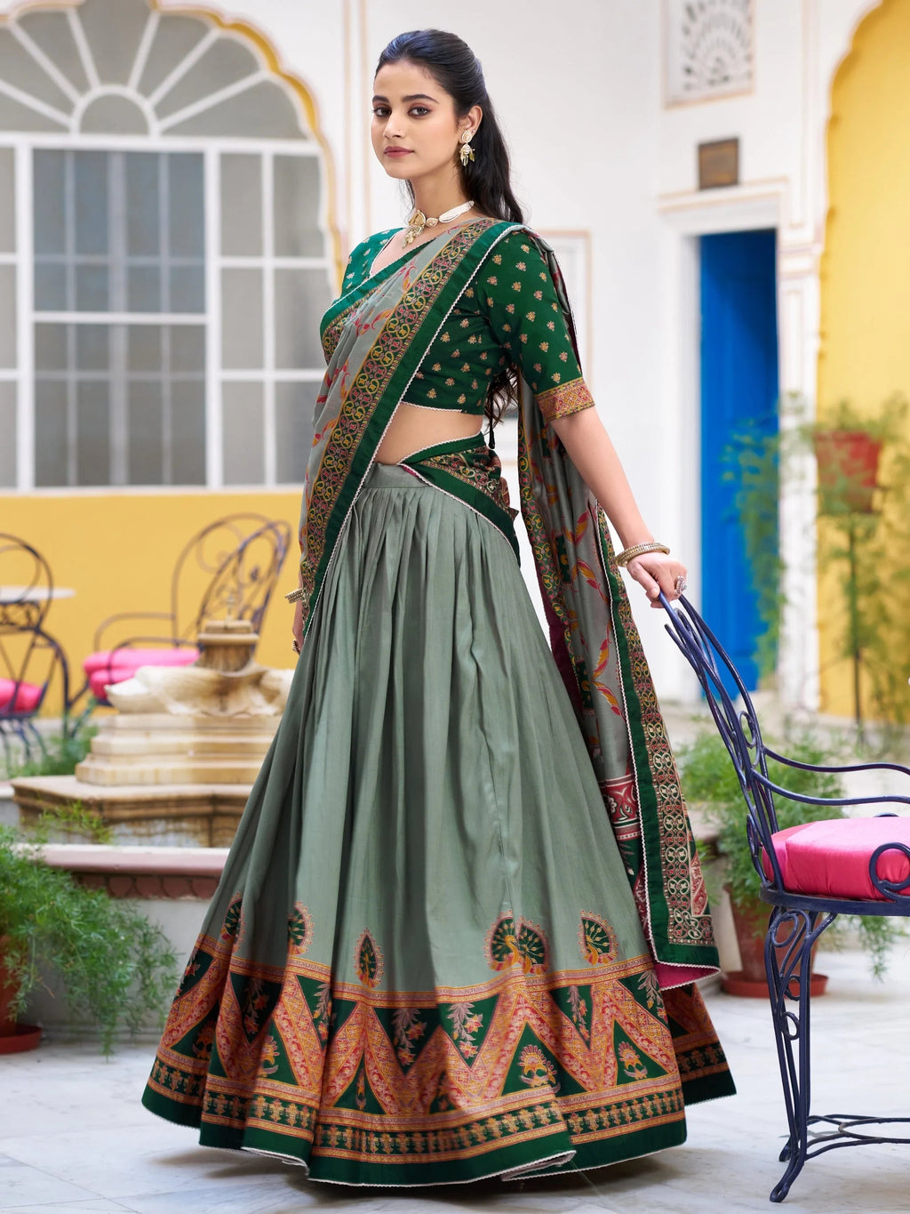 Green Spectacular Digital Printed Silk Marriage Wear Lehenga With Choli