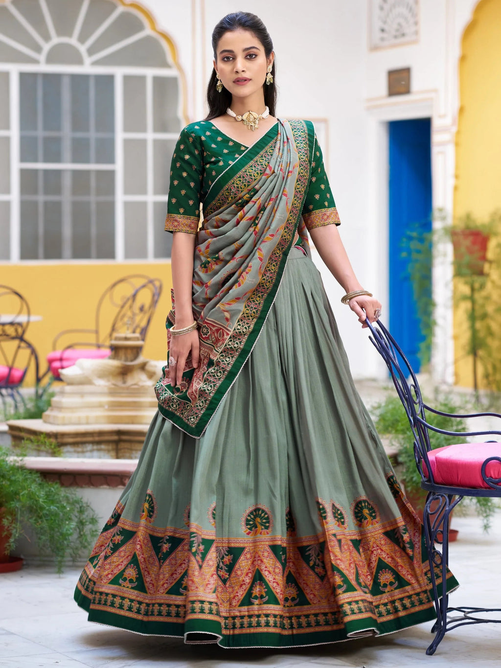 Green Spectacular Digital Printed Silk Marriage Wear Lehenga With Choli