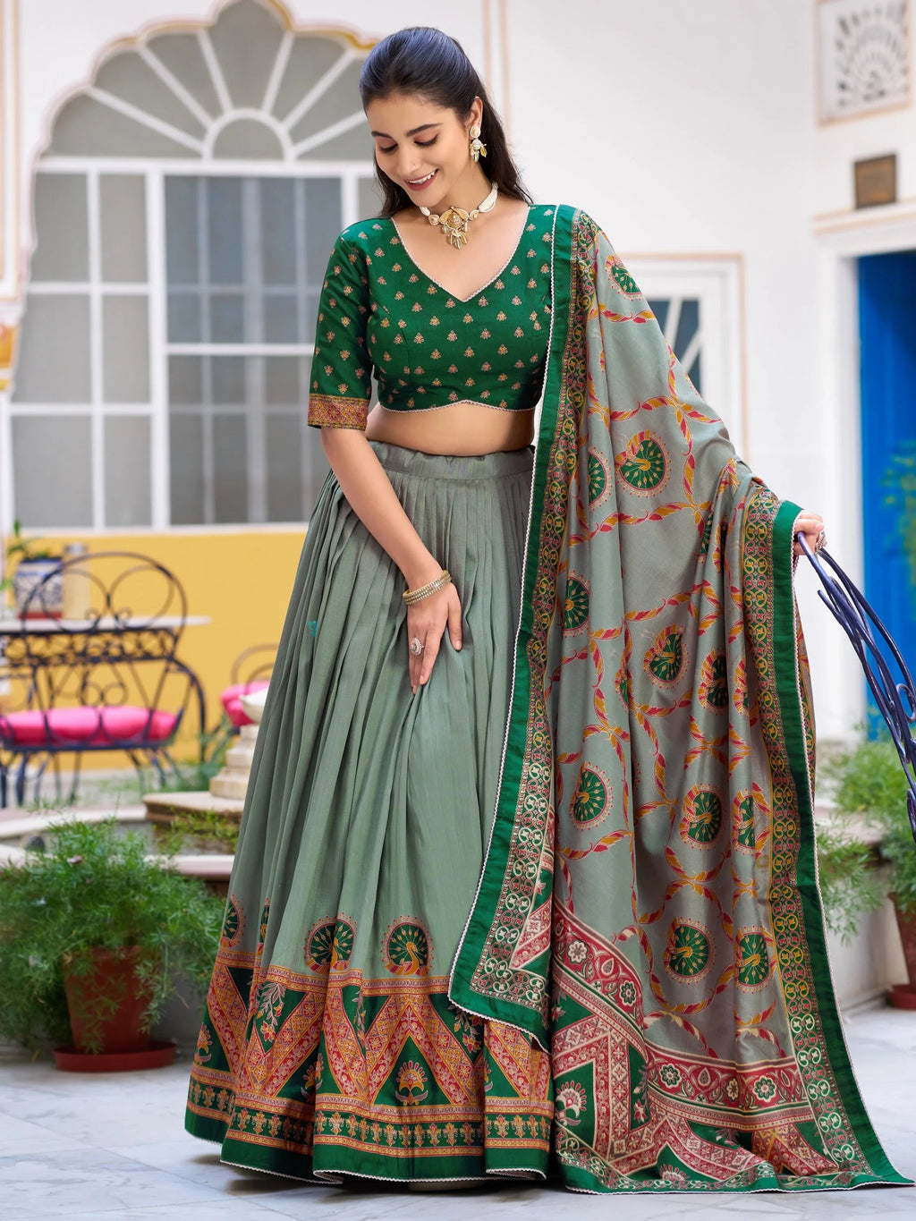 Green Spectacular Digital Printed Silk Marriage Wear Lehenga With Choli