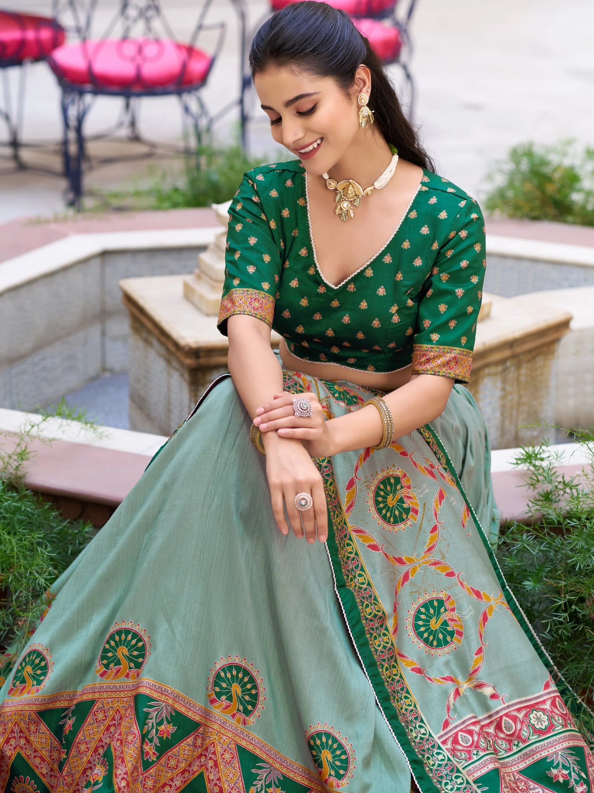 Green Spectacular Digital Printed Silk Marriage Wear Lehenga With Choli