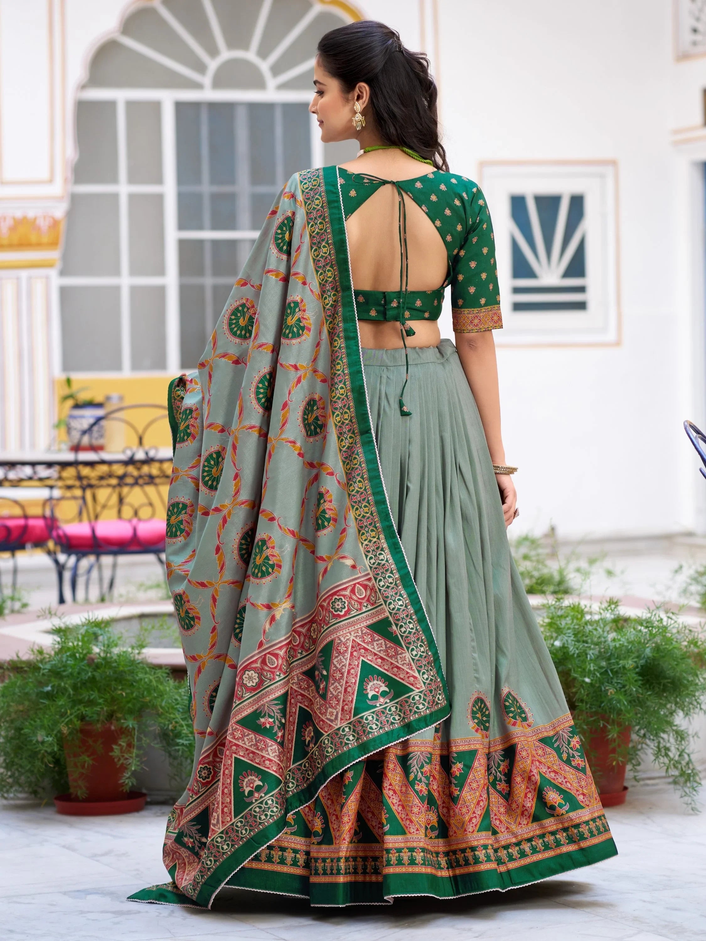 Green Spectacular Digital Printed Silk Marriage Wear Lehenga With Choli