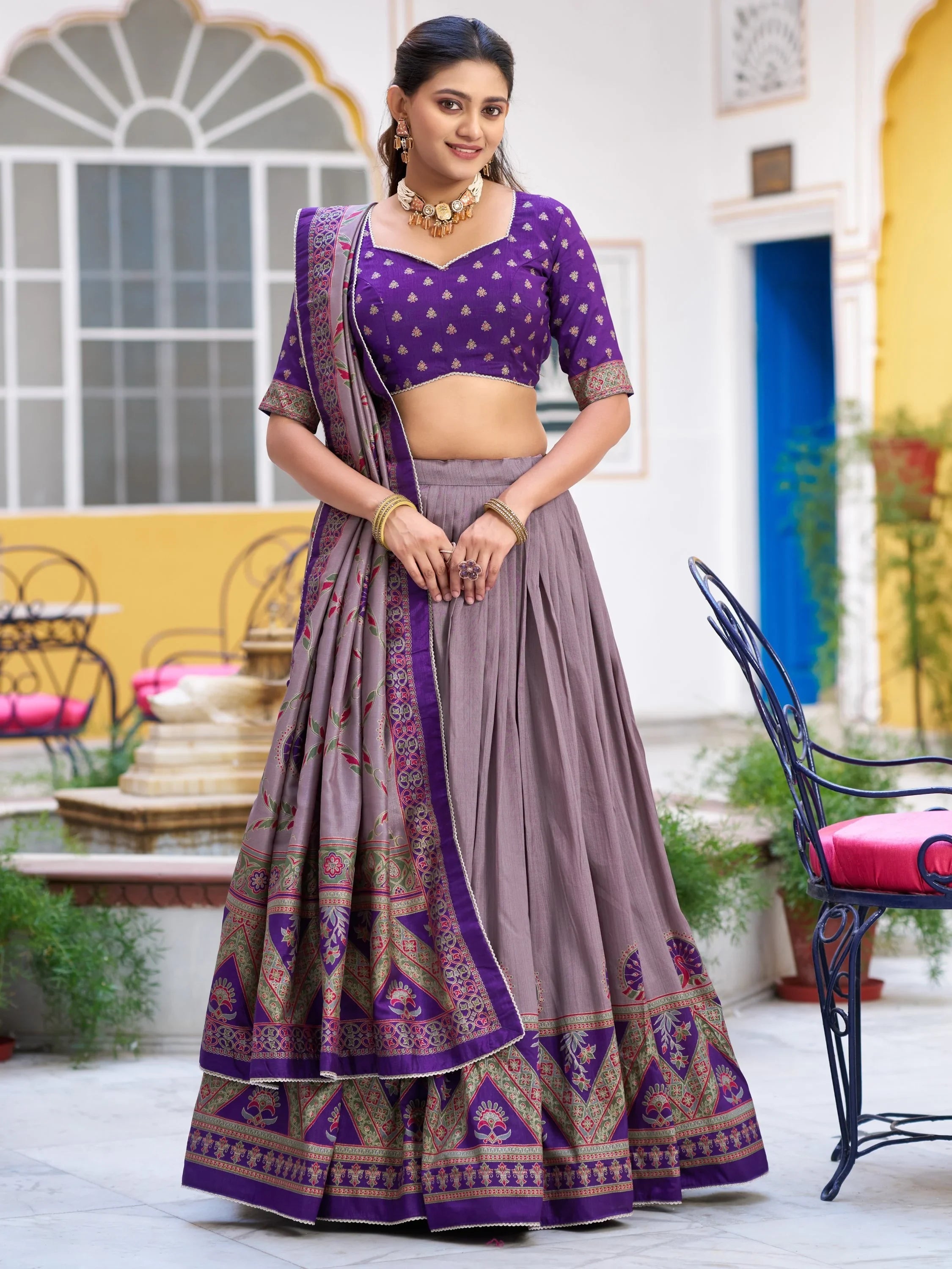 Purple Spectacular Digital Printed Silk Marriage Wear Lehenga With Choli