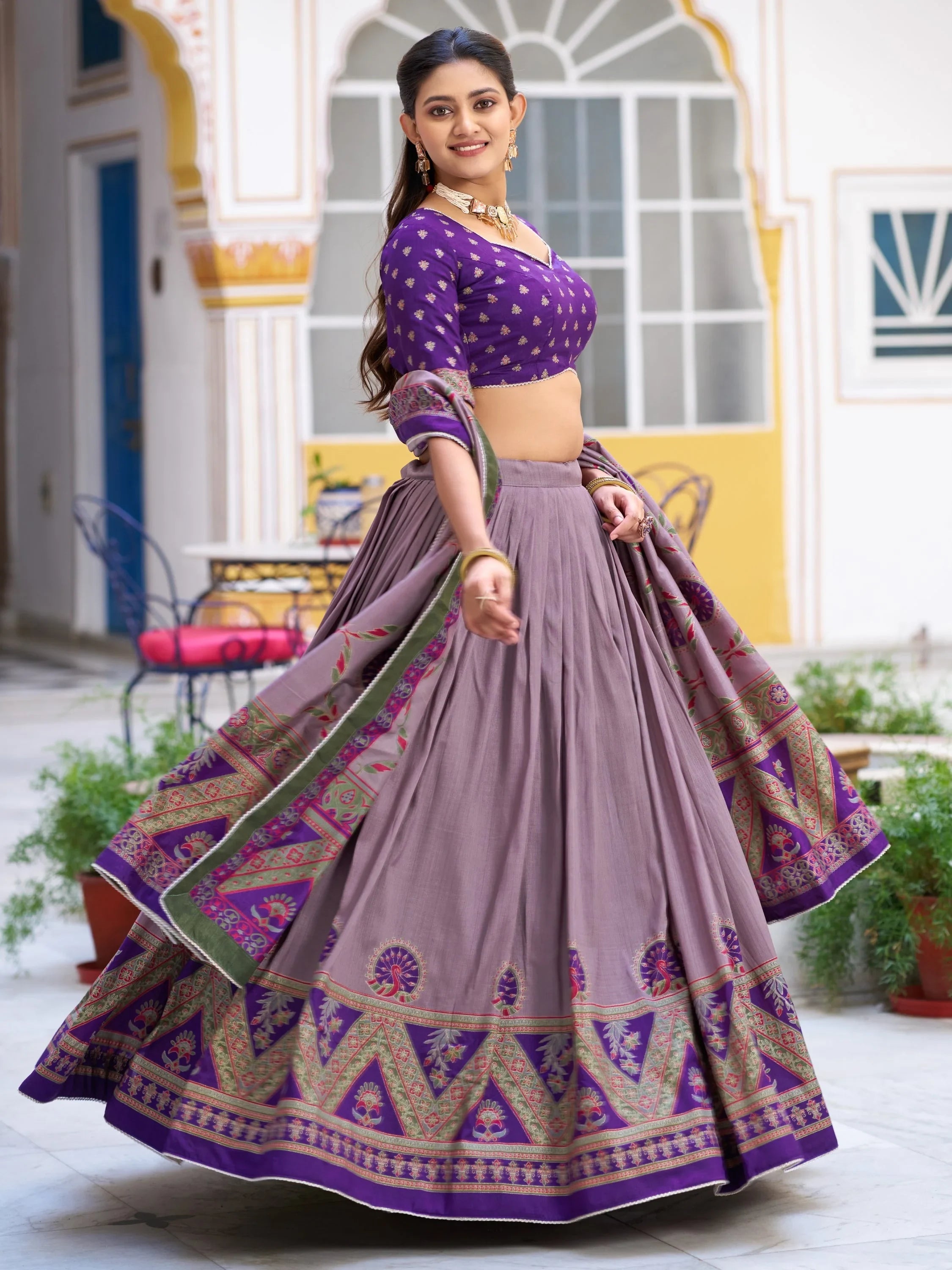 Purple Spectacular Digital Printed Silk Marriage Wear Lehenga With Choli