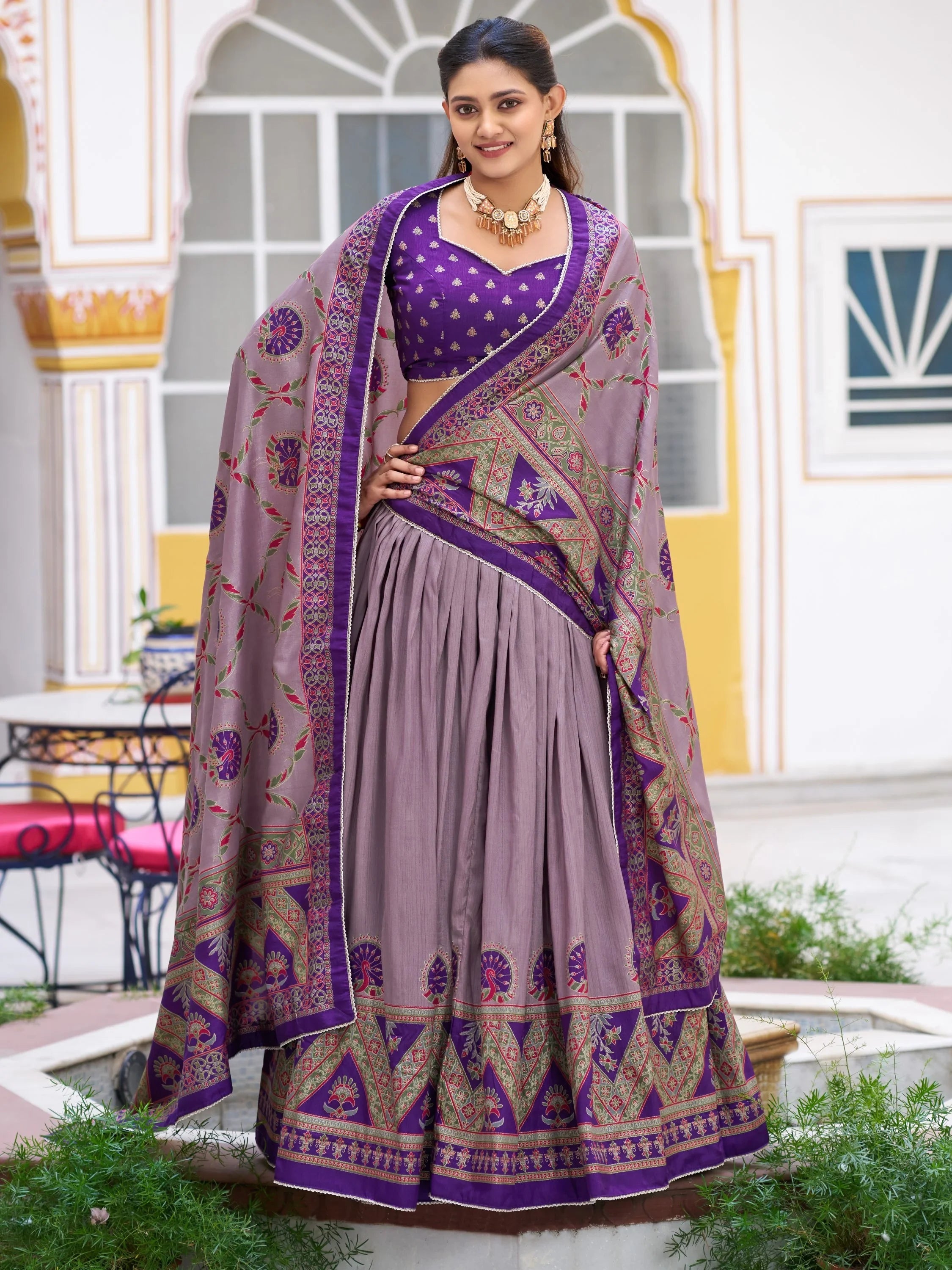 Purple Spectacular Digital Printed Silk Marriage Wear Lehenga With Choli
